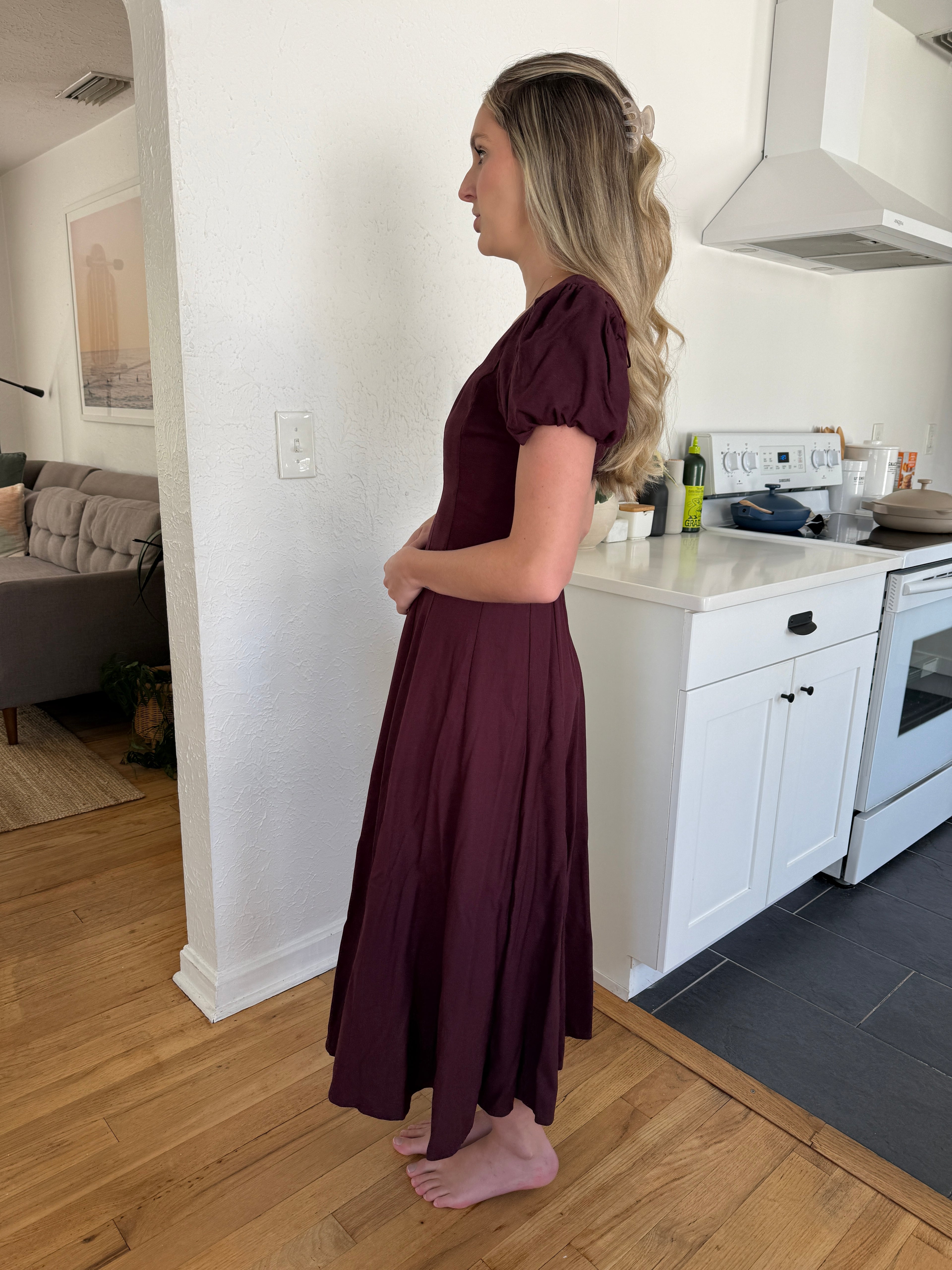 Ruby Deep Merlot Linen Puff Sleeve Midi Dress Momni Boutique Ruby Deep Merlot Linen Puff Sleeve Midi Dress Momni Boutique