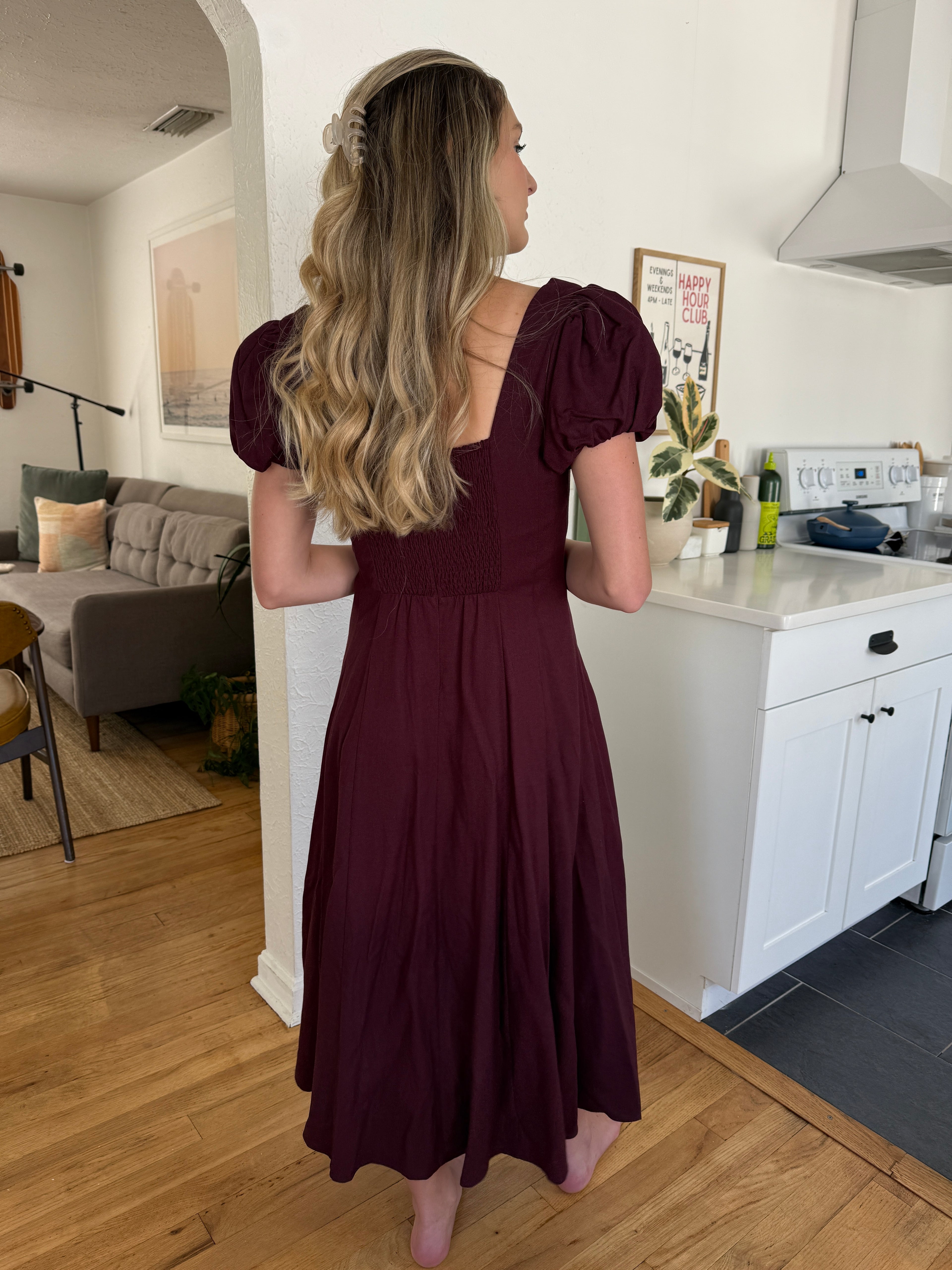 Ruby Deep Merlot Linen Puff Sleeve Midi Dress