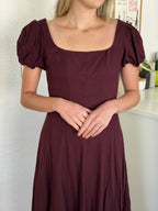 Ruby Deep Merlot Linen Puff Sleeve Midi Dress