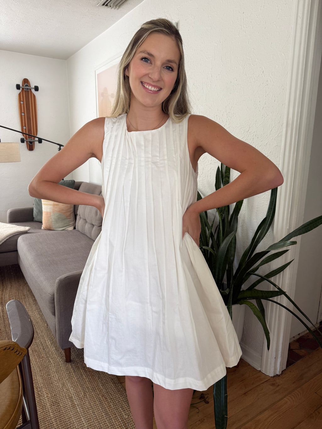 Miou Muse Rachel White Pintuck Tank Mini Dress