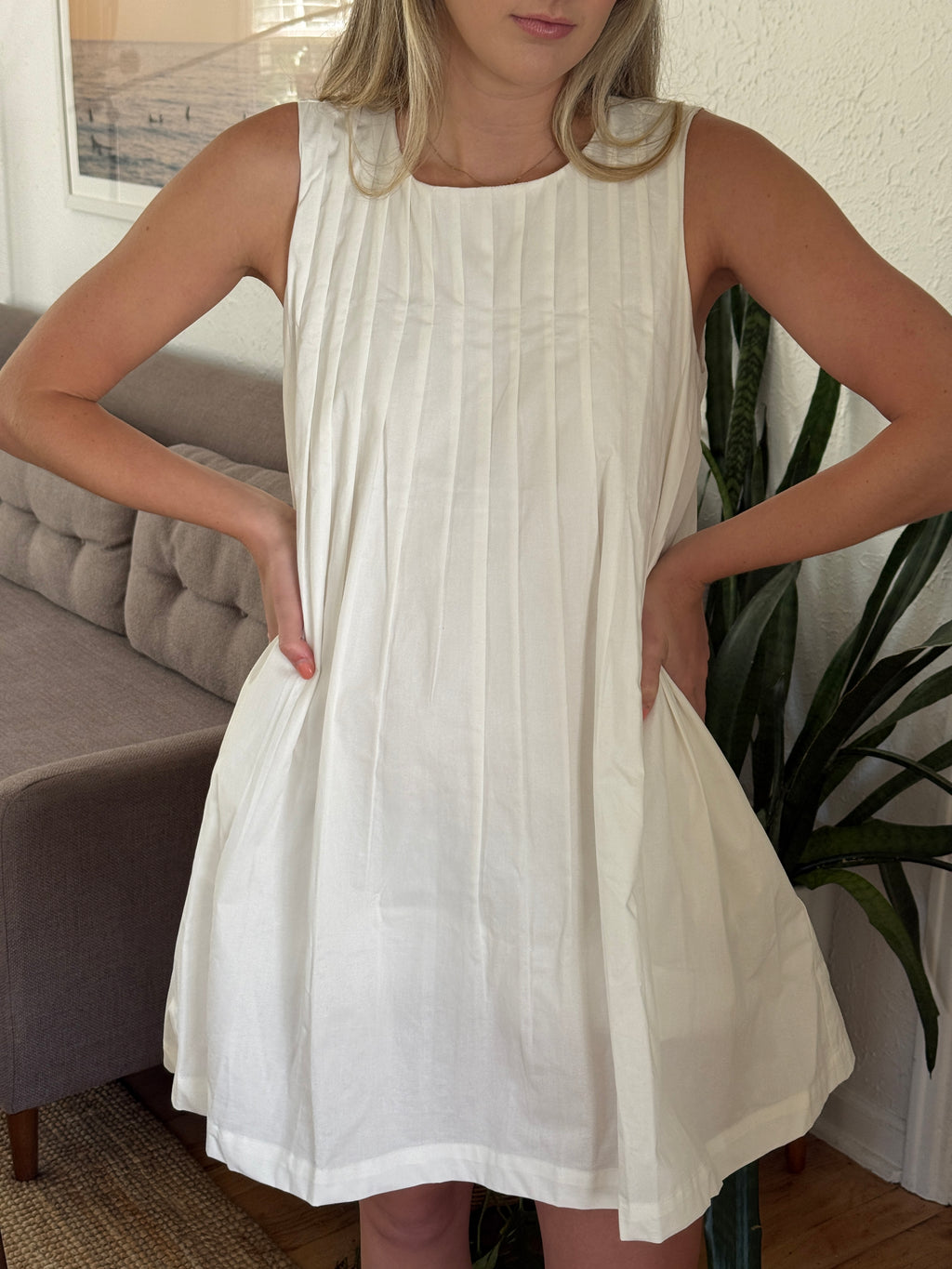 Miou Muse Rachel White Pintuck Tank Mini Dress