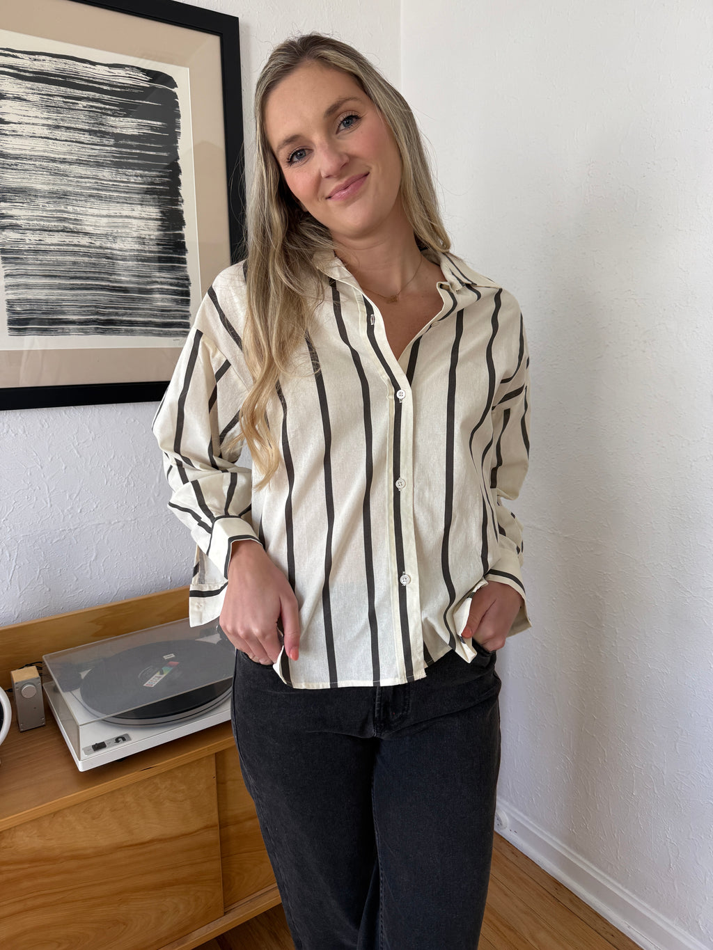 Miou Muse Rylie Striped Button Down Cotton Shirt