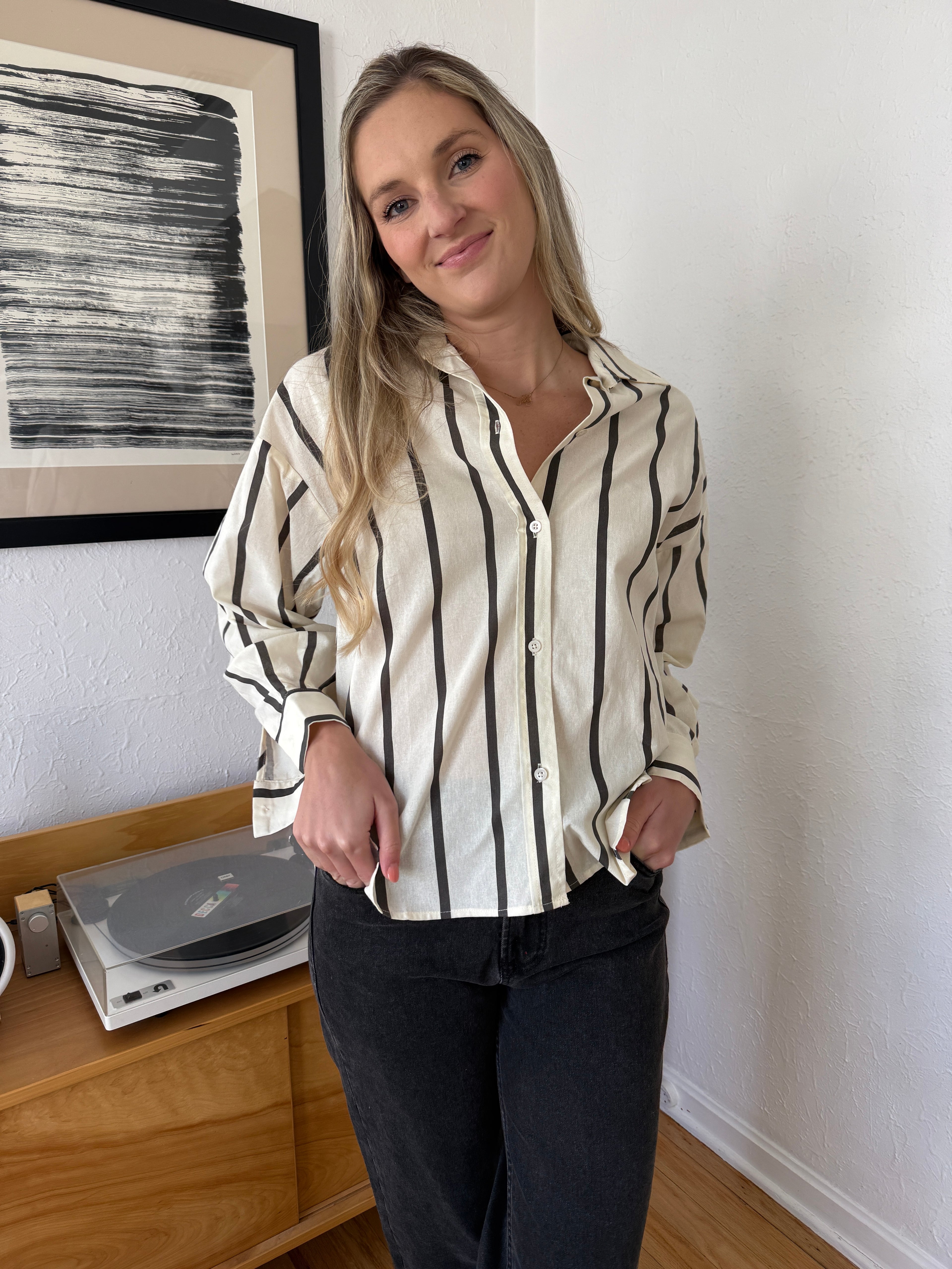 Miou Muse Rylie Striped Button Down Cotton Shirt