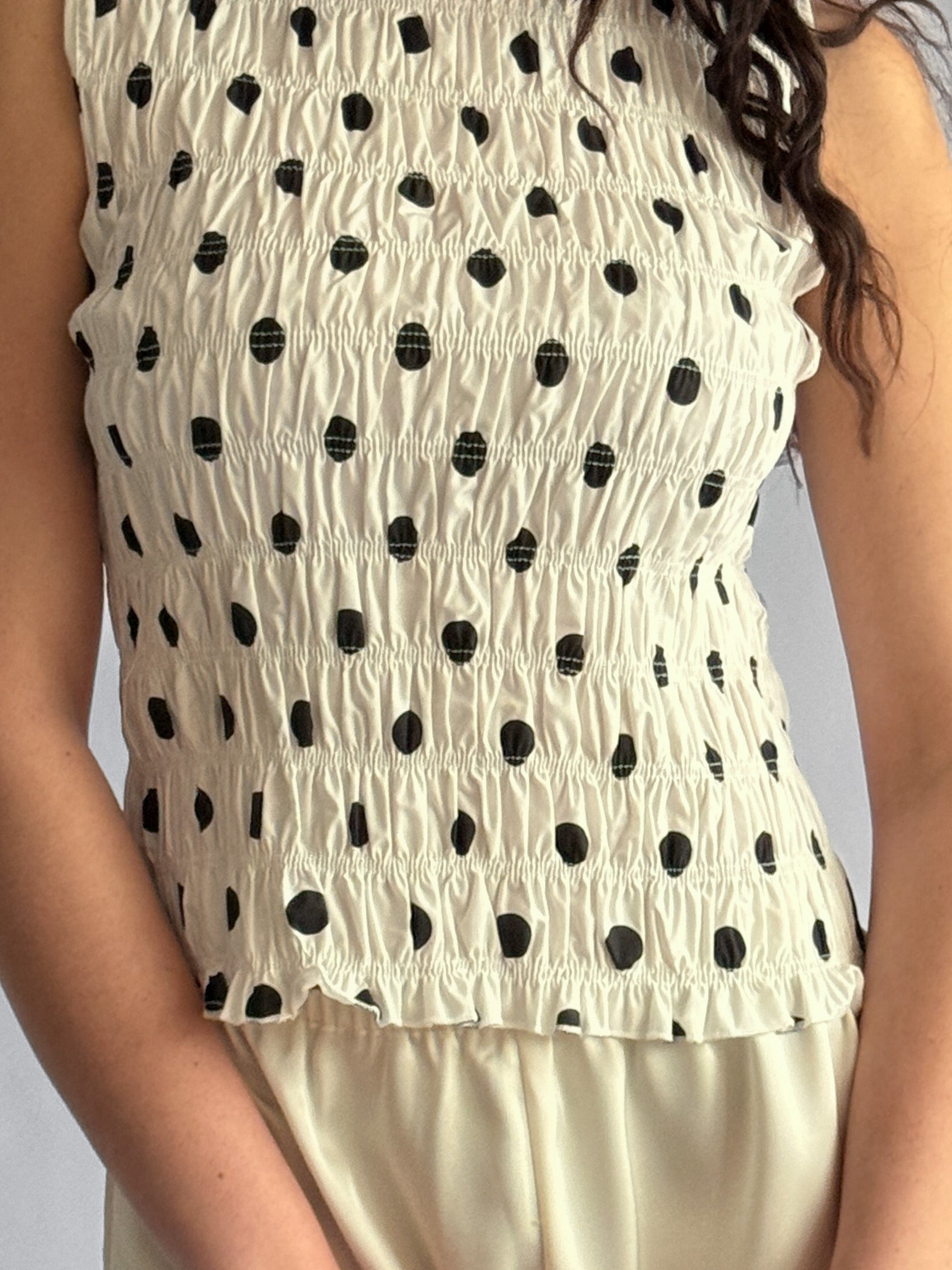 Lottie White and Black Polka Dot Shirred Tank Top
