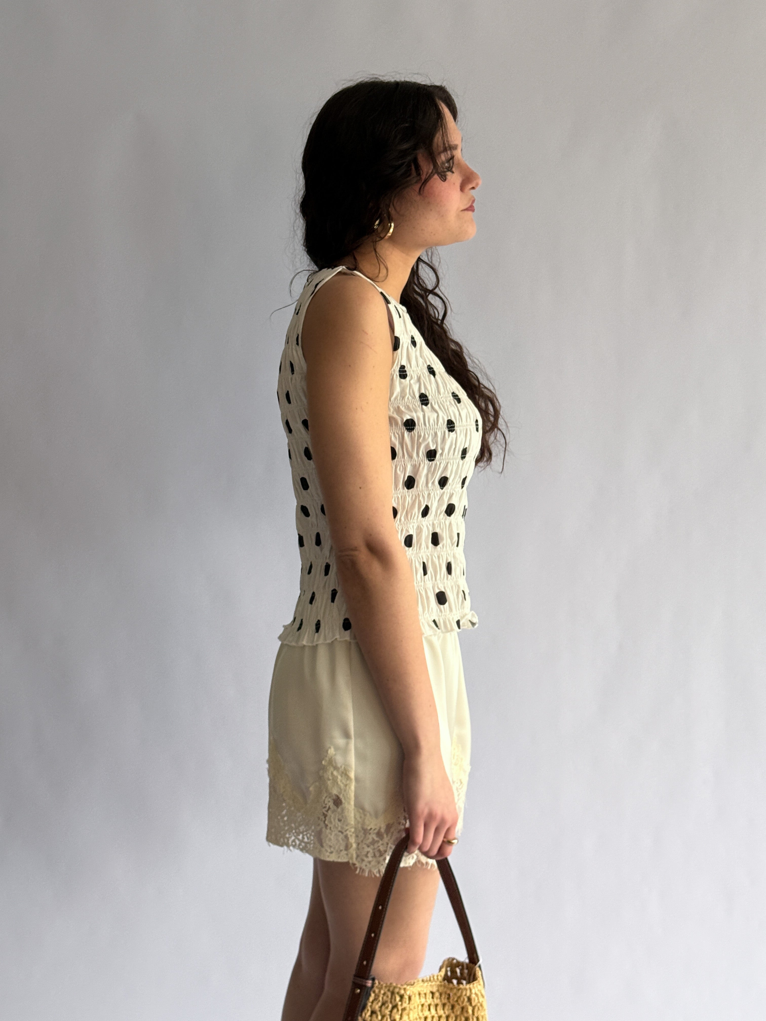 Lottie White and Black Polka Dot Shirred Tank Top