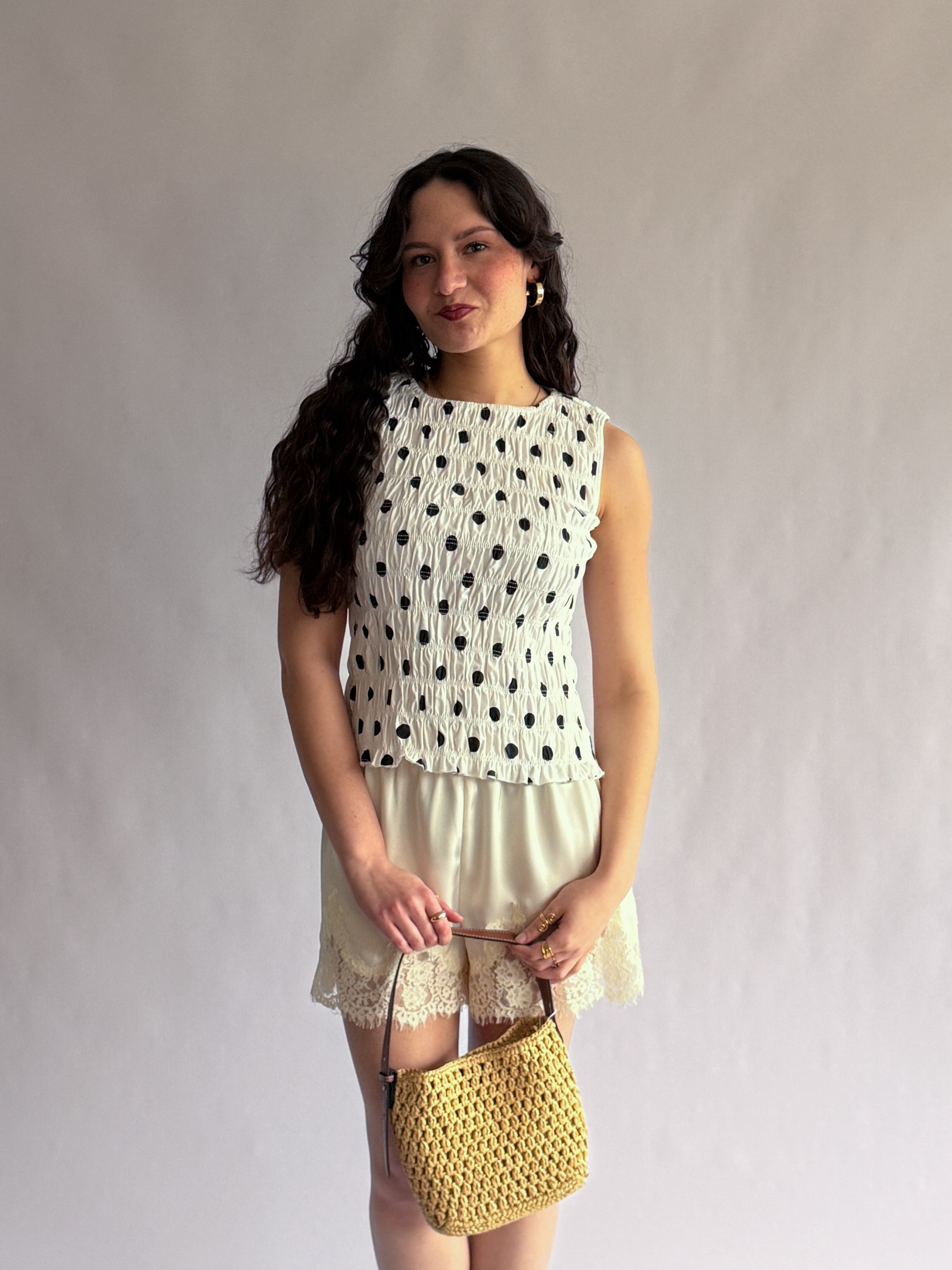 Lottie White and Black Polka Dot Shirred Tank Top