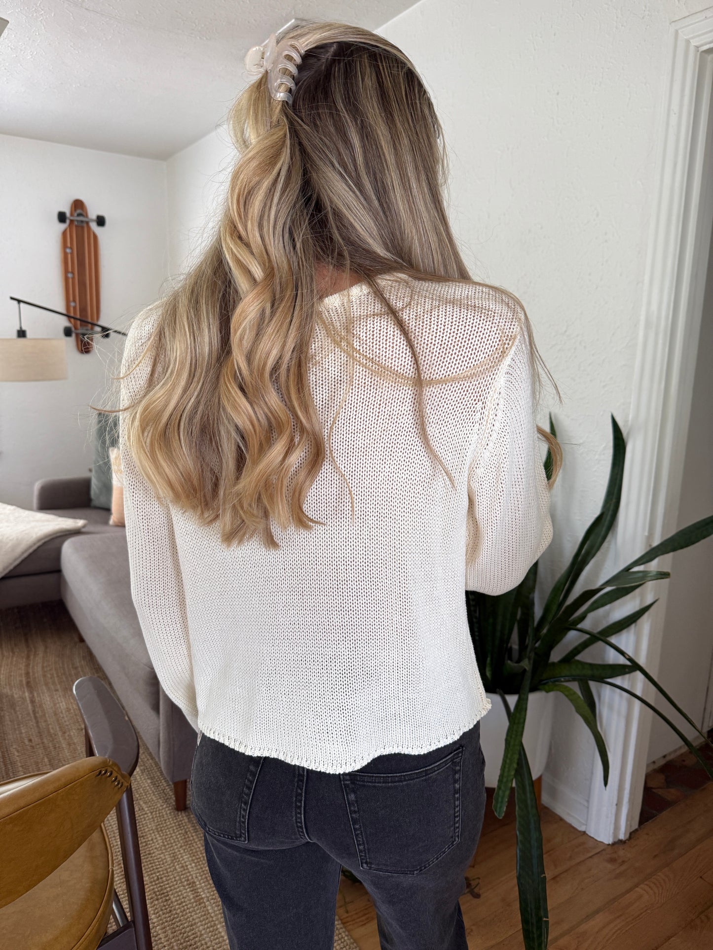 Ruth Woven Knit Keyhole Sweater (White)