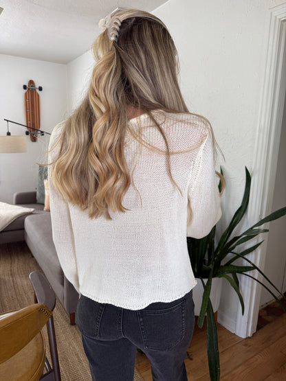 Ruth Woven Knit Keyhole Sweater (White)
