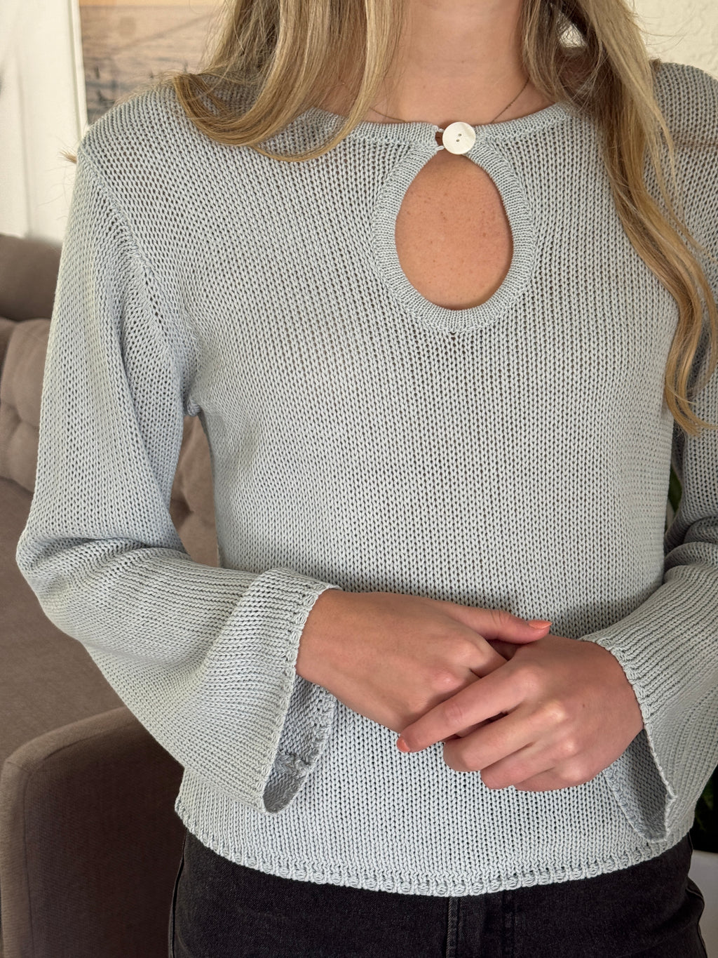 Ruth Woven Knit Keyhole Sweater (Light Blue)