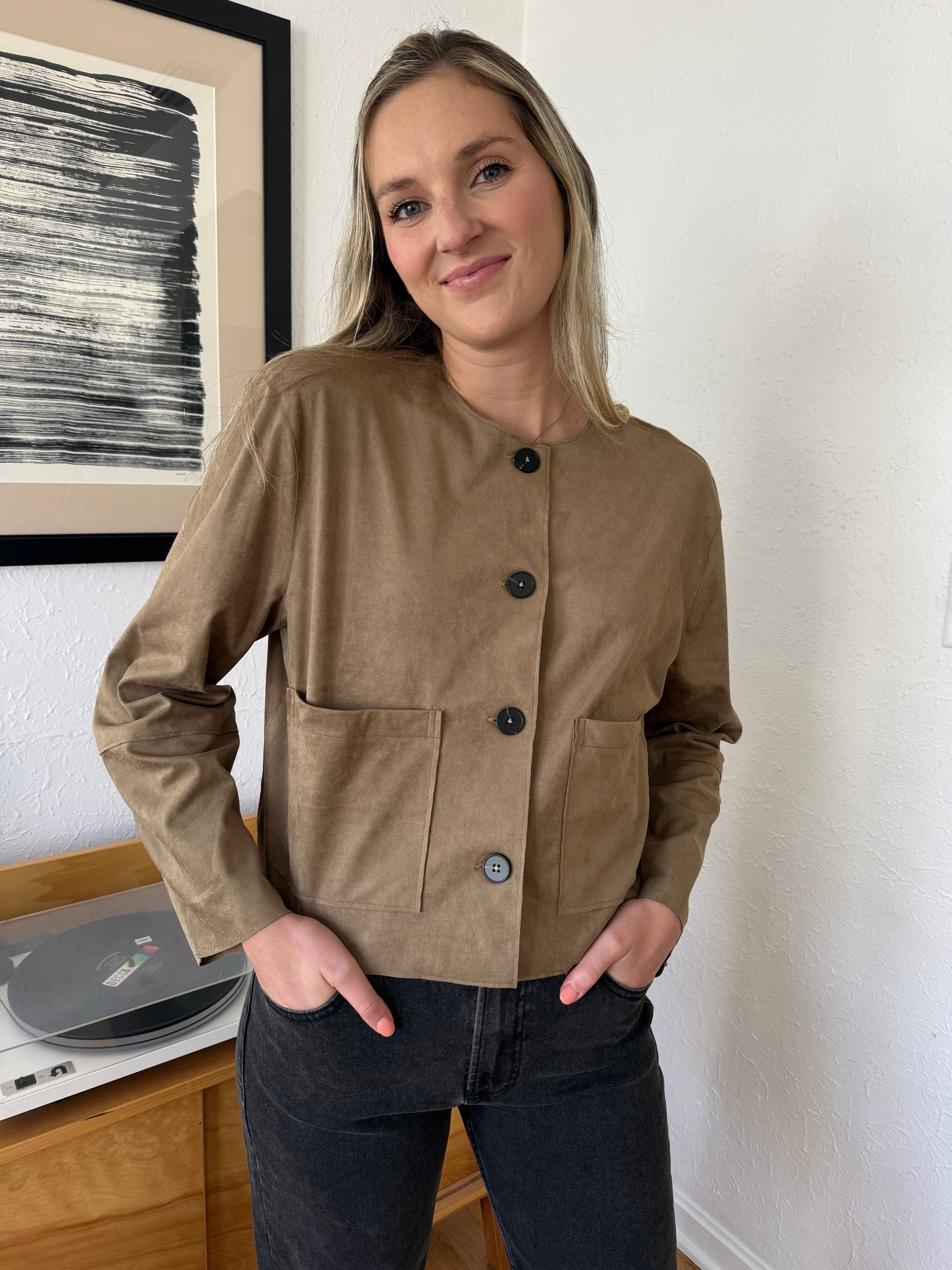Miou Muse Remi Faux Suede Buttoned Crop Jacket