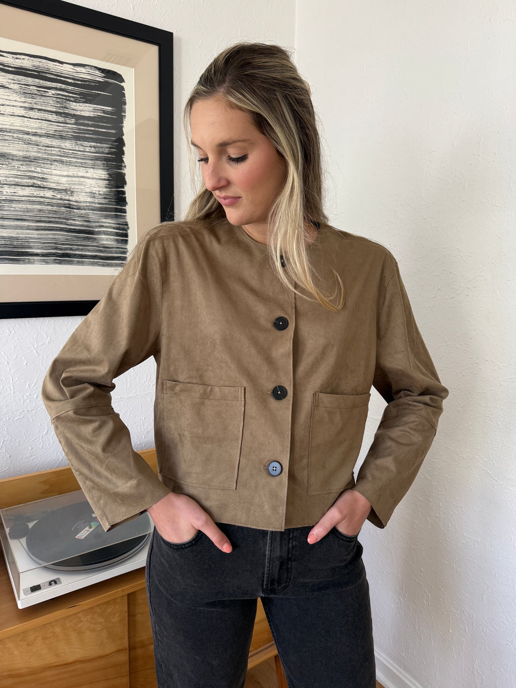 Miou Muse Remi Faux Suede Buttoned Crop Jacket