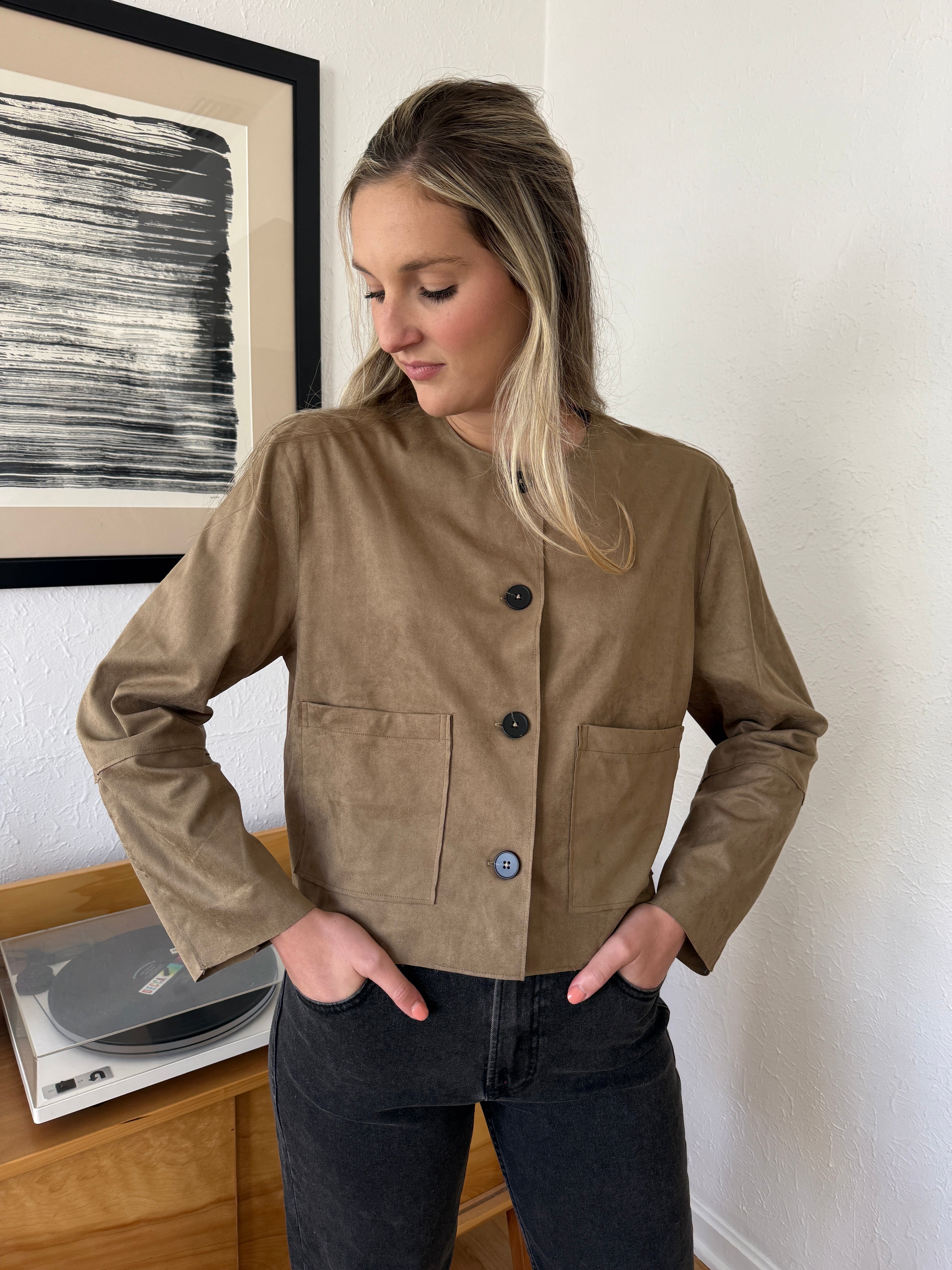Miou Muse Remi Faux Suede Buttoned Crop Jacket