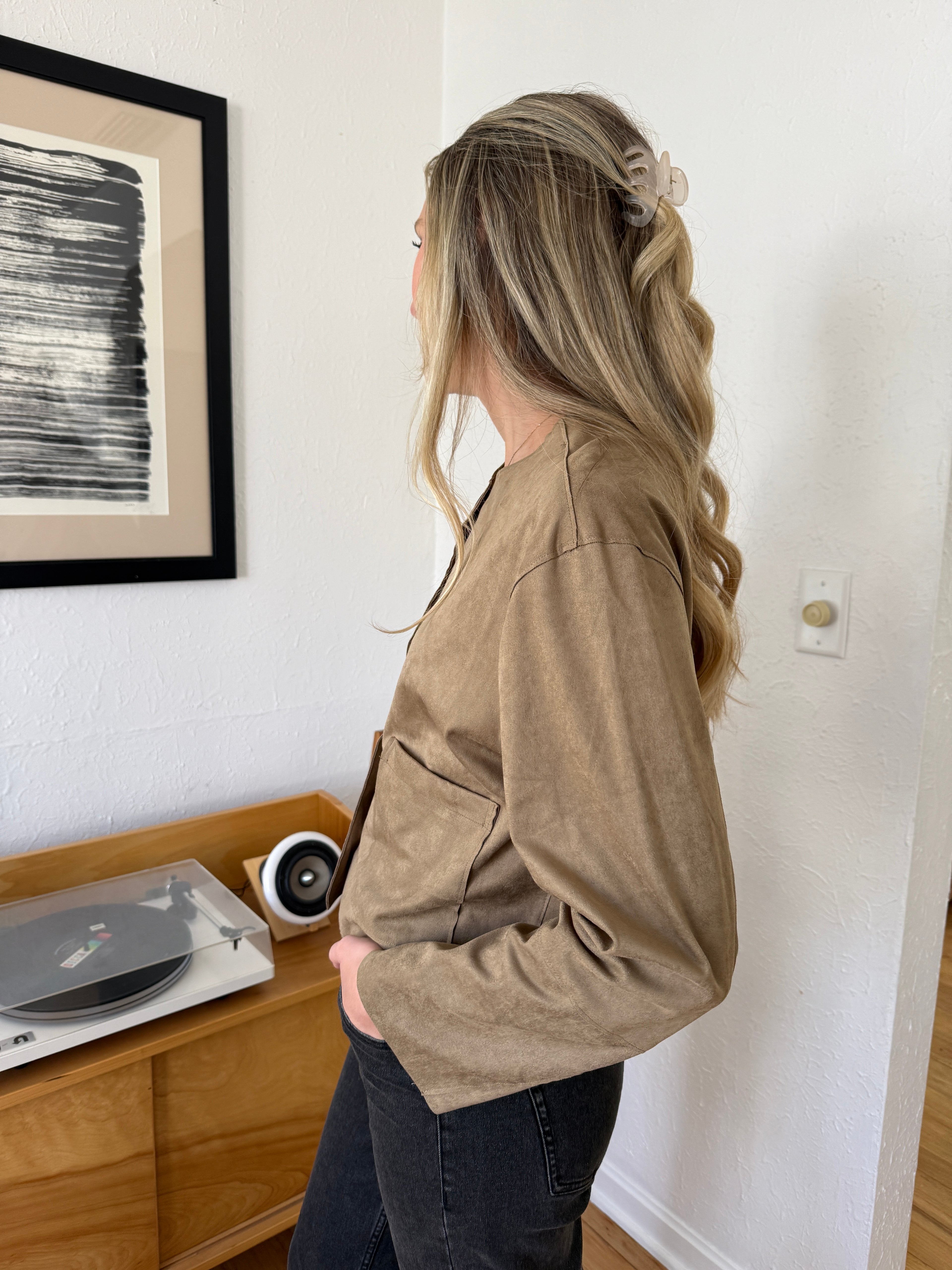 Miou Muse Remi Faux Suede Buttoned Crop Jacket