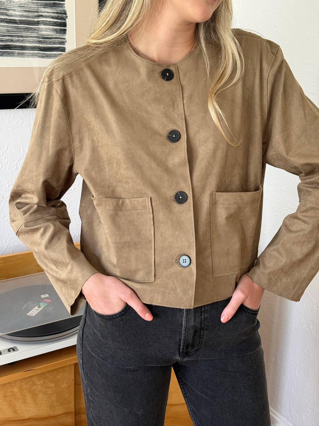 Miou Muse Remi Faux Suede Buttoned Crop Jacket