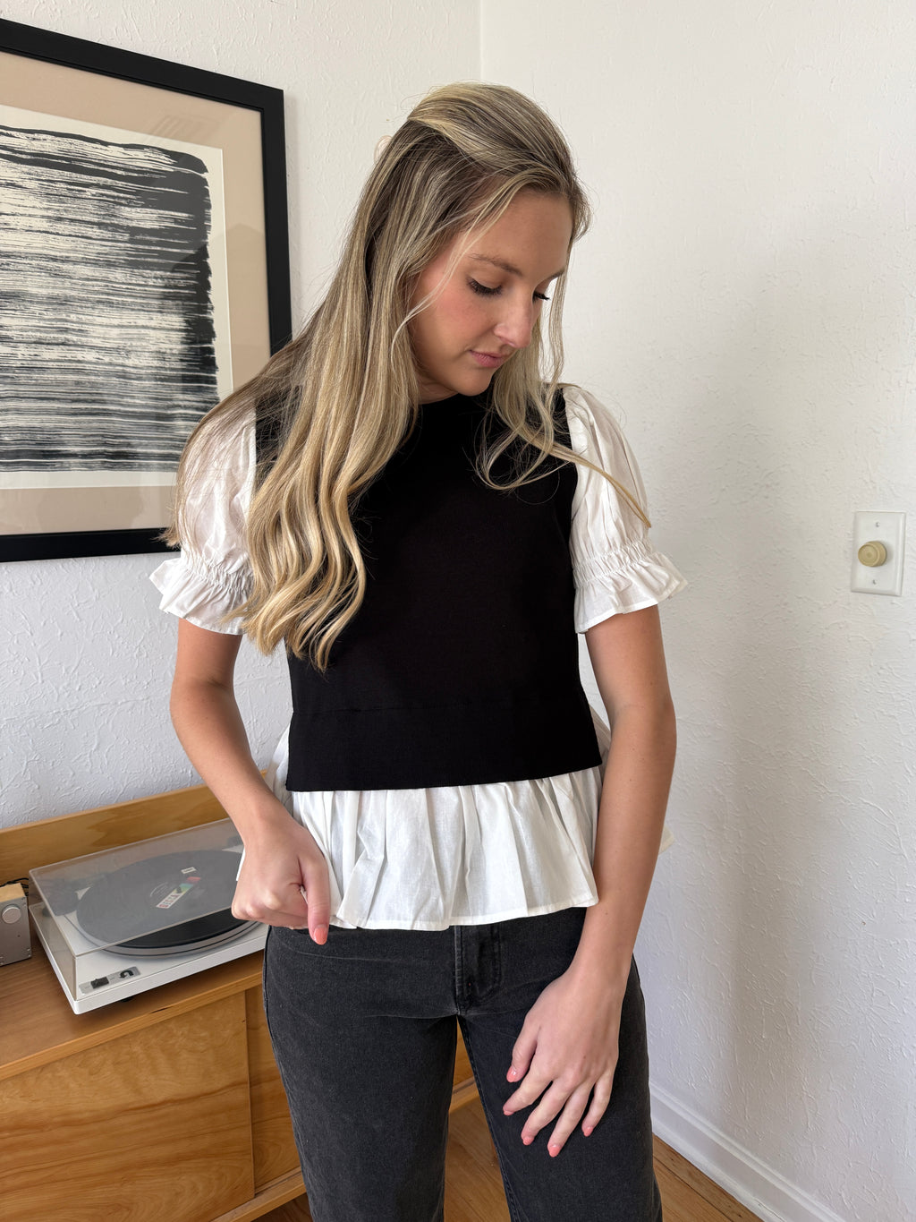 Miou Muse Robin Sweater Combo Short Sleeve Top