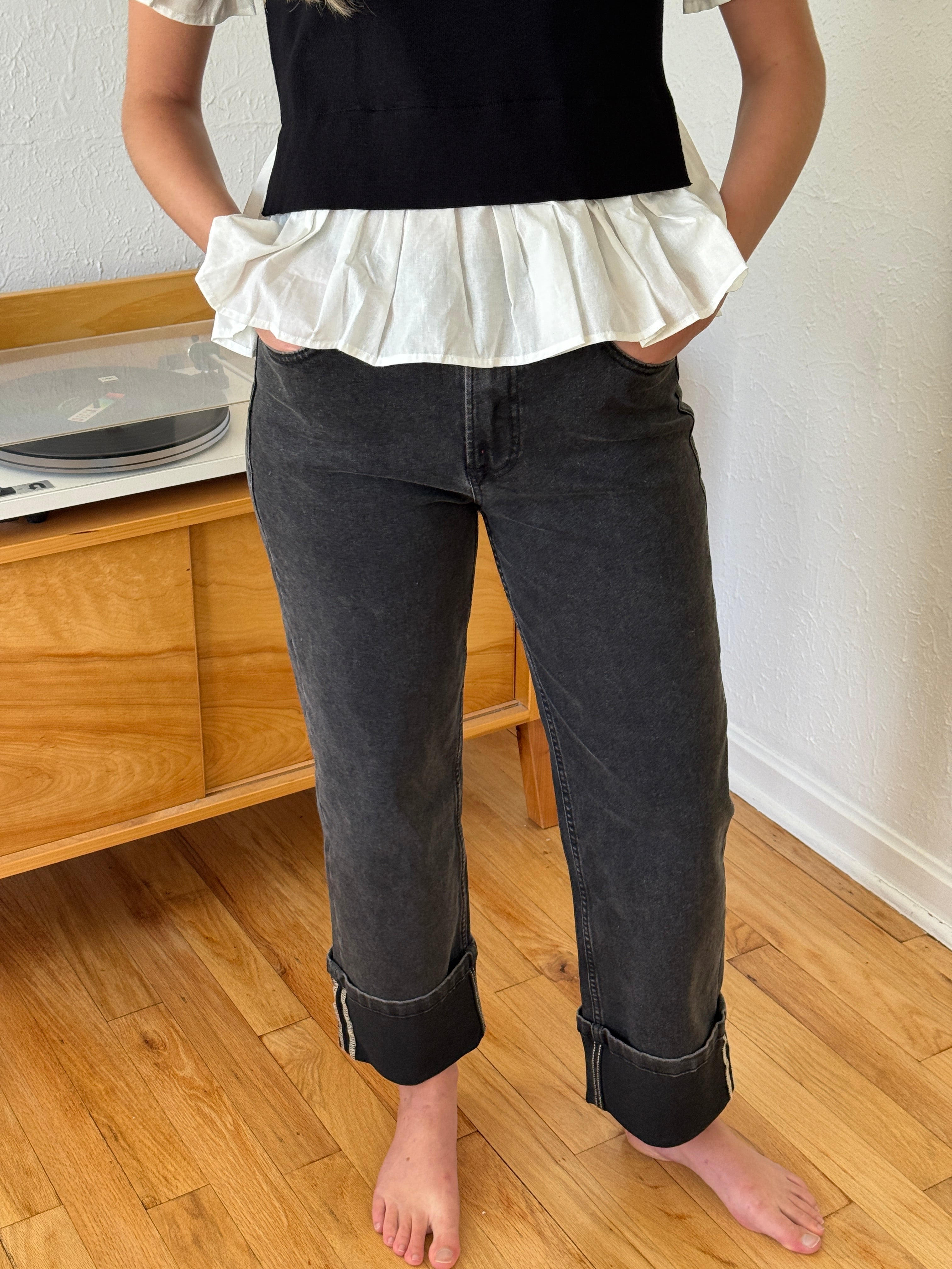 Miou Muse Raven Black Cuffed Denim Jeans