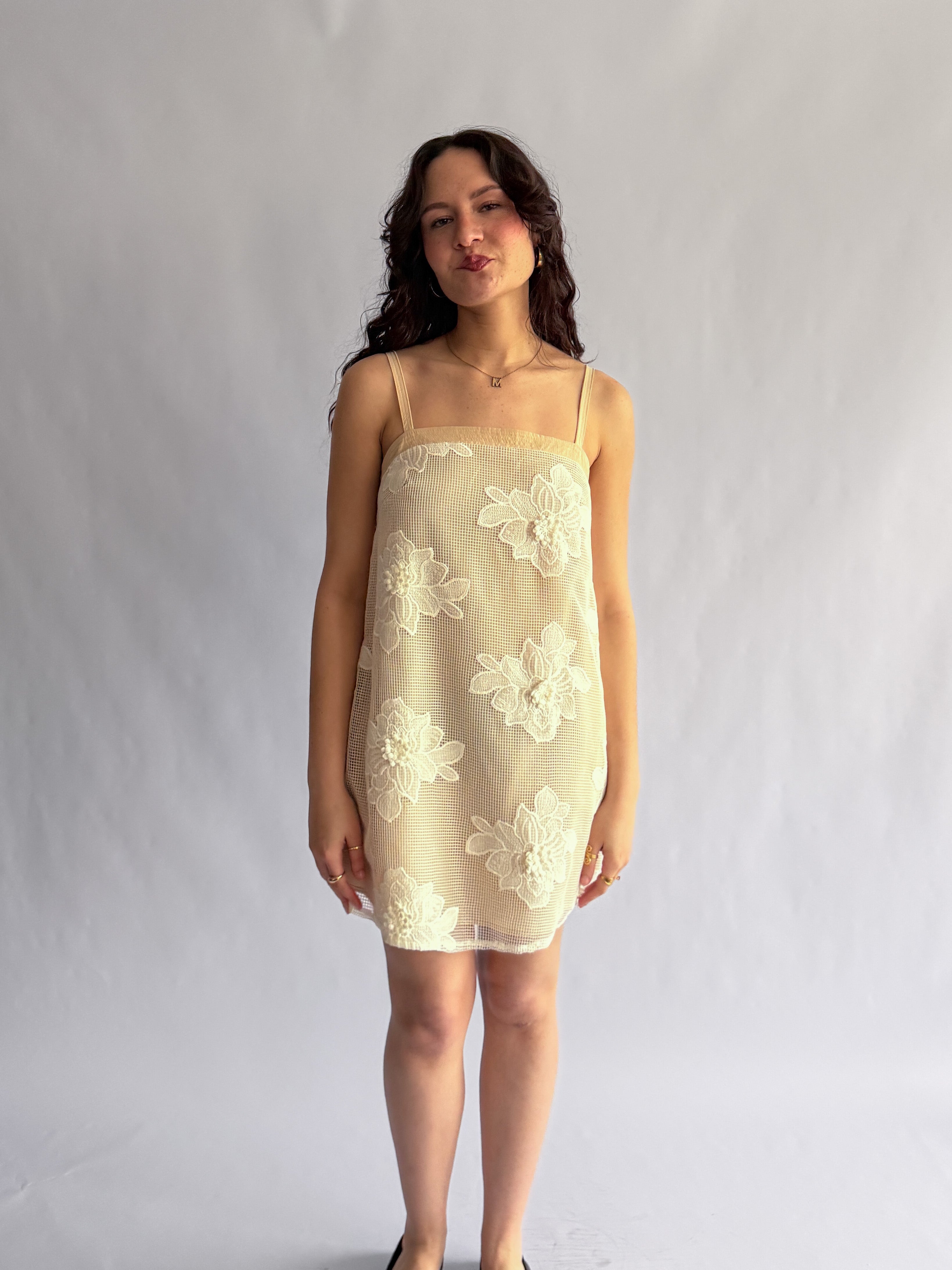 Laura Beige Floral Mesh Texture Sleeveless Mini Dress