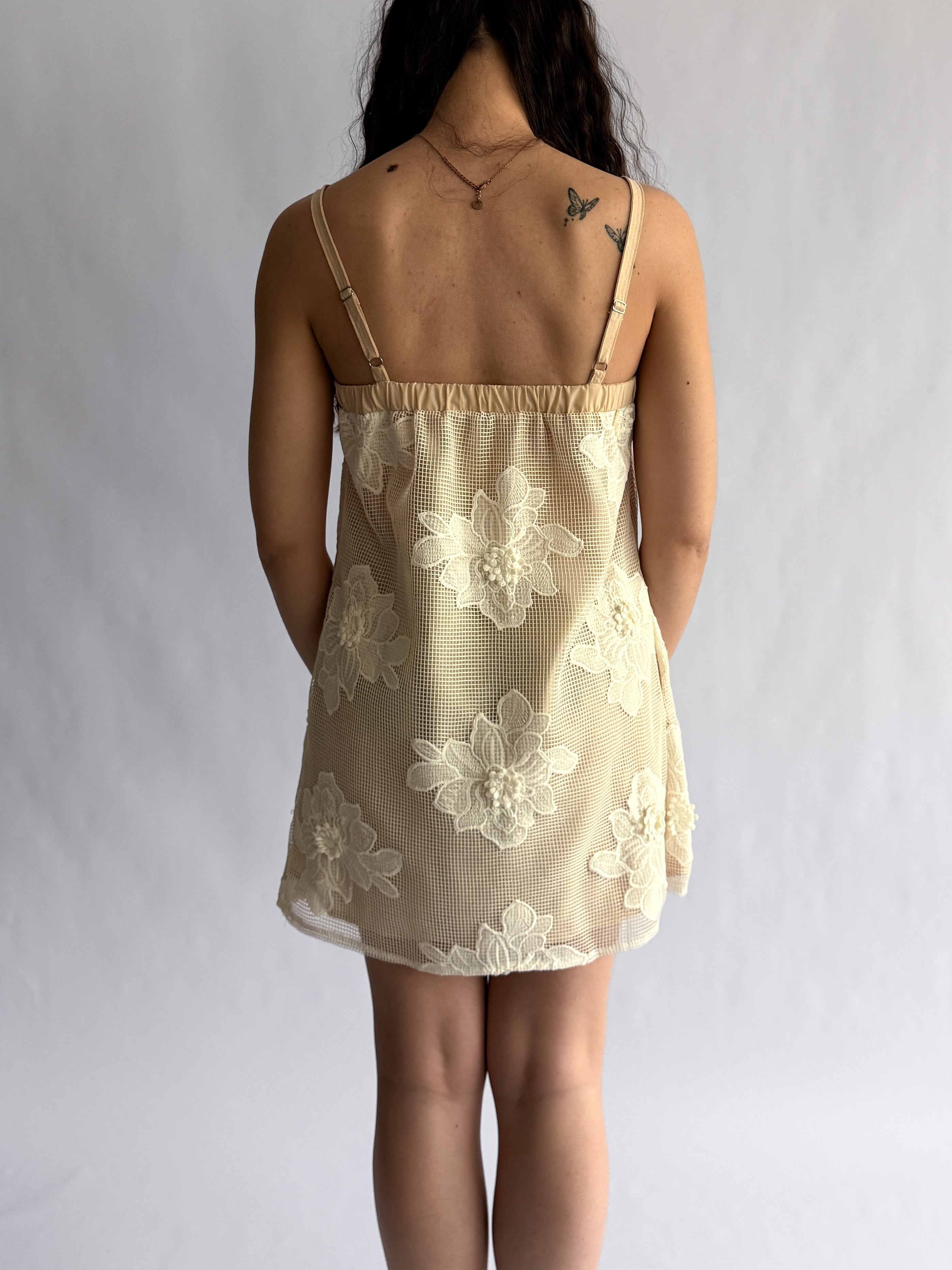 Laura Beige Floral Mesh Texture Sleeveless Mini Dress