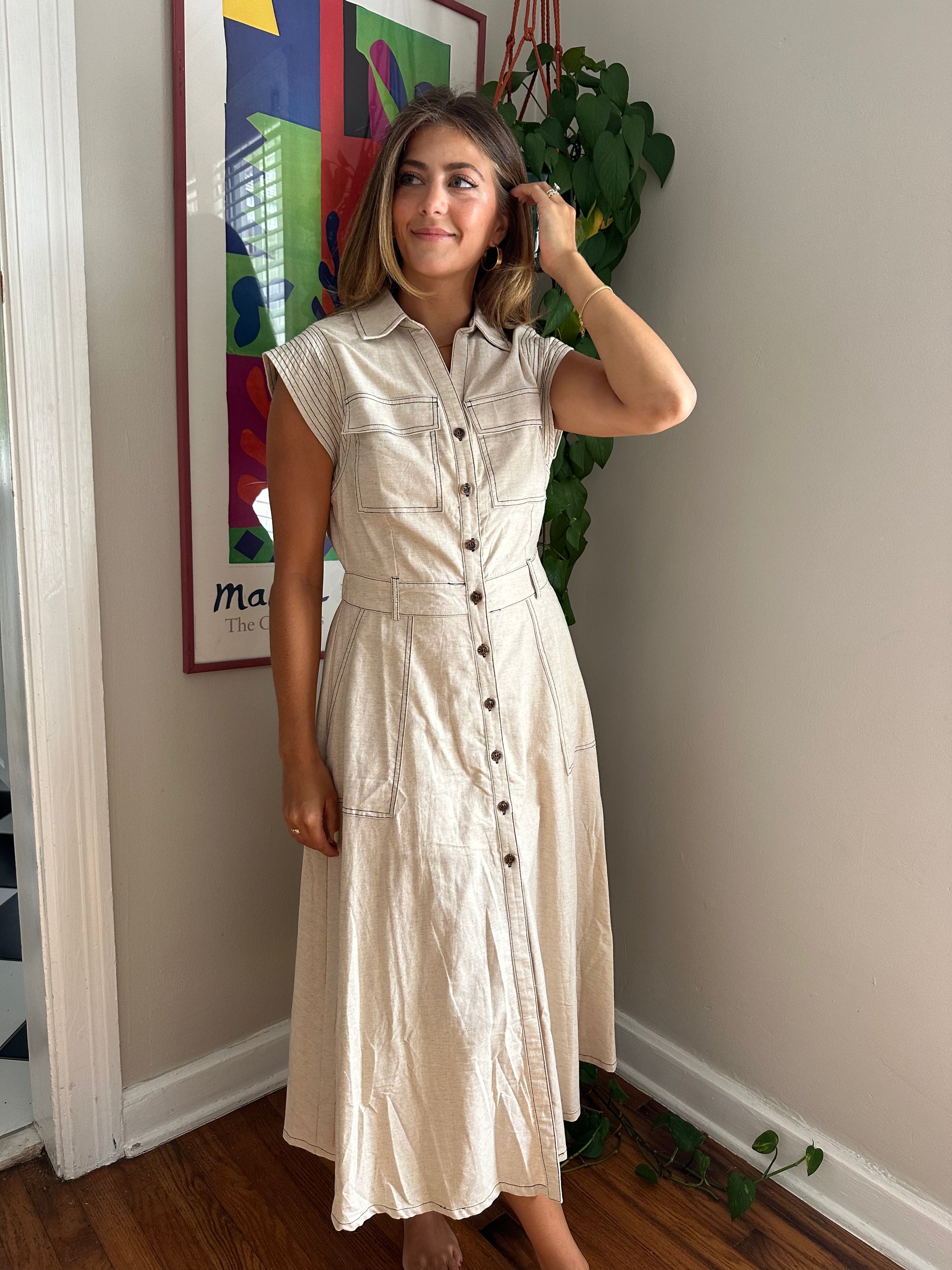 Alice Linen Top-Stitching Panel Linen Midi Dress (Beige) – Momni 