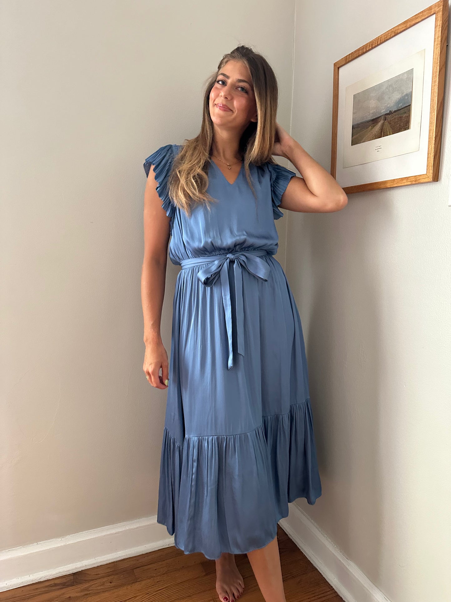 Current Air Darla Dusty Blue Pleated Sleeve Midi Dress