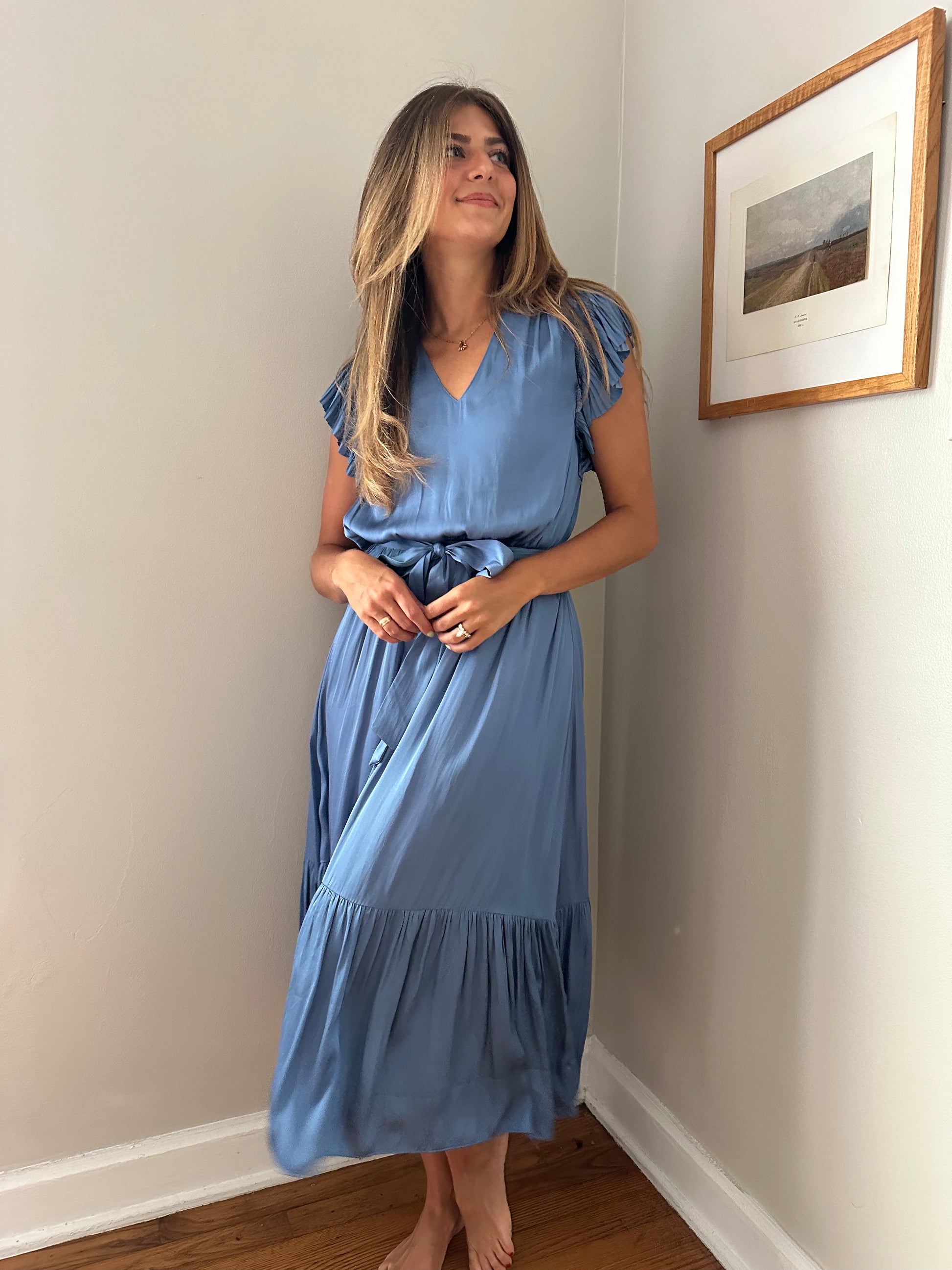 Dusty blue pleated dress hotsell