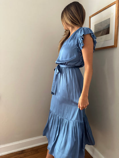 Current Air Darla Dusty Blue Pleated Sleeve Midi Dress