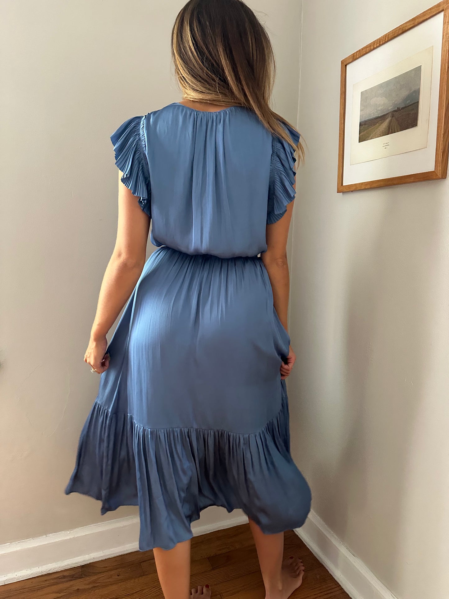 Current Air Darla Dusty Blue Pleated Sleeve Midi Dress