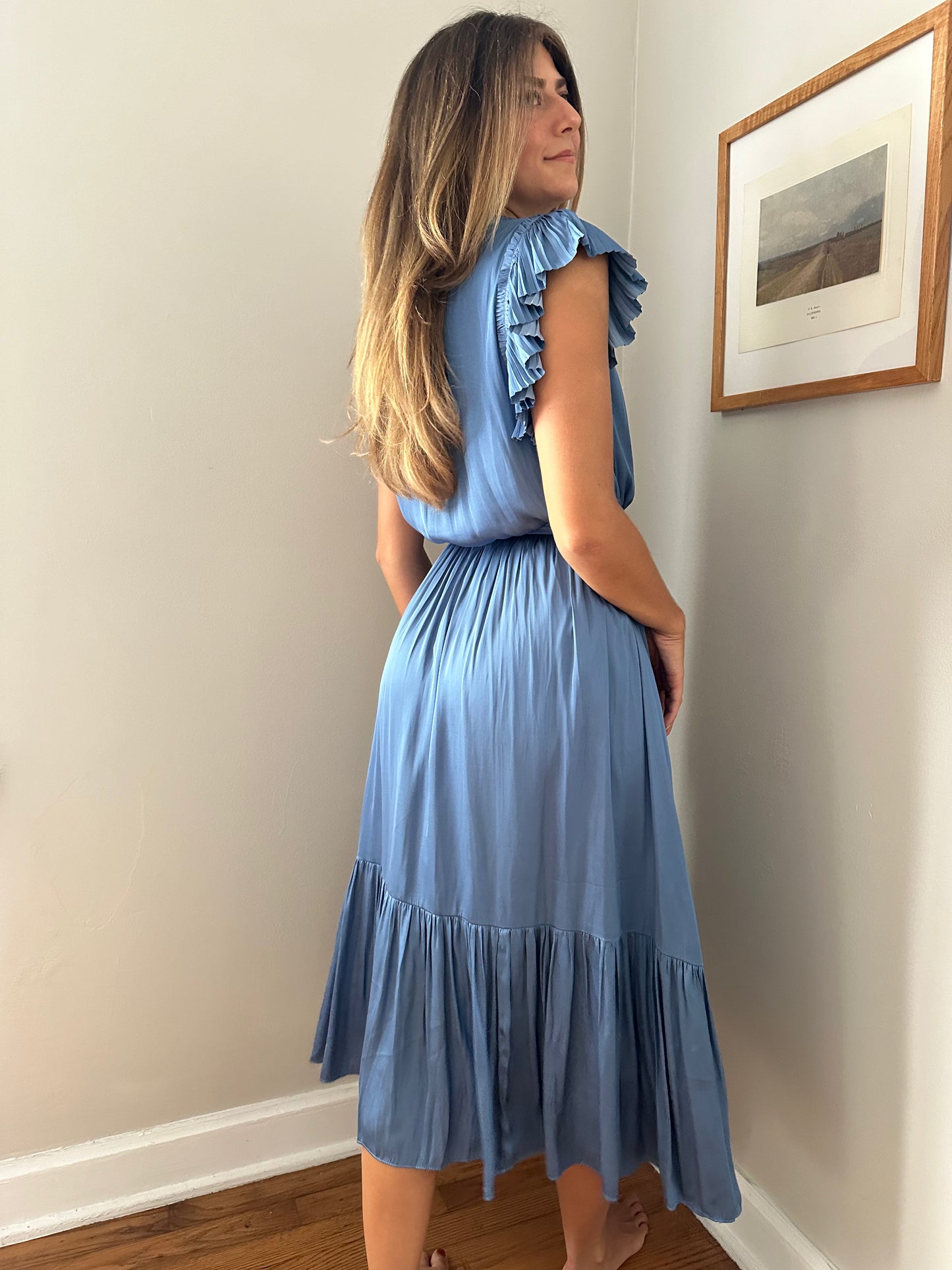 Current Air Darla Dusty Blue Pleated Sleeve Midi Dress
