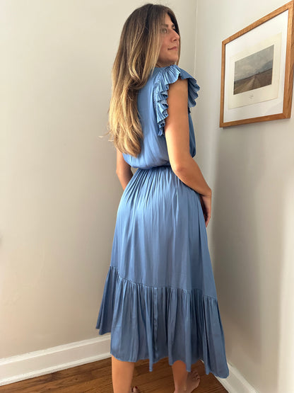Current Air Darla Dusty Blue Pleated Sleeve Midi Dress