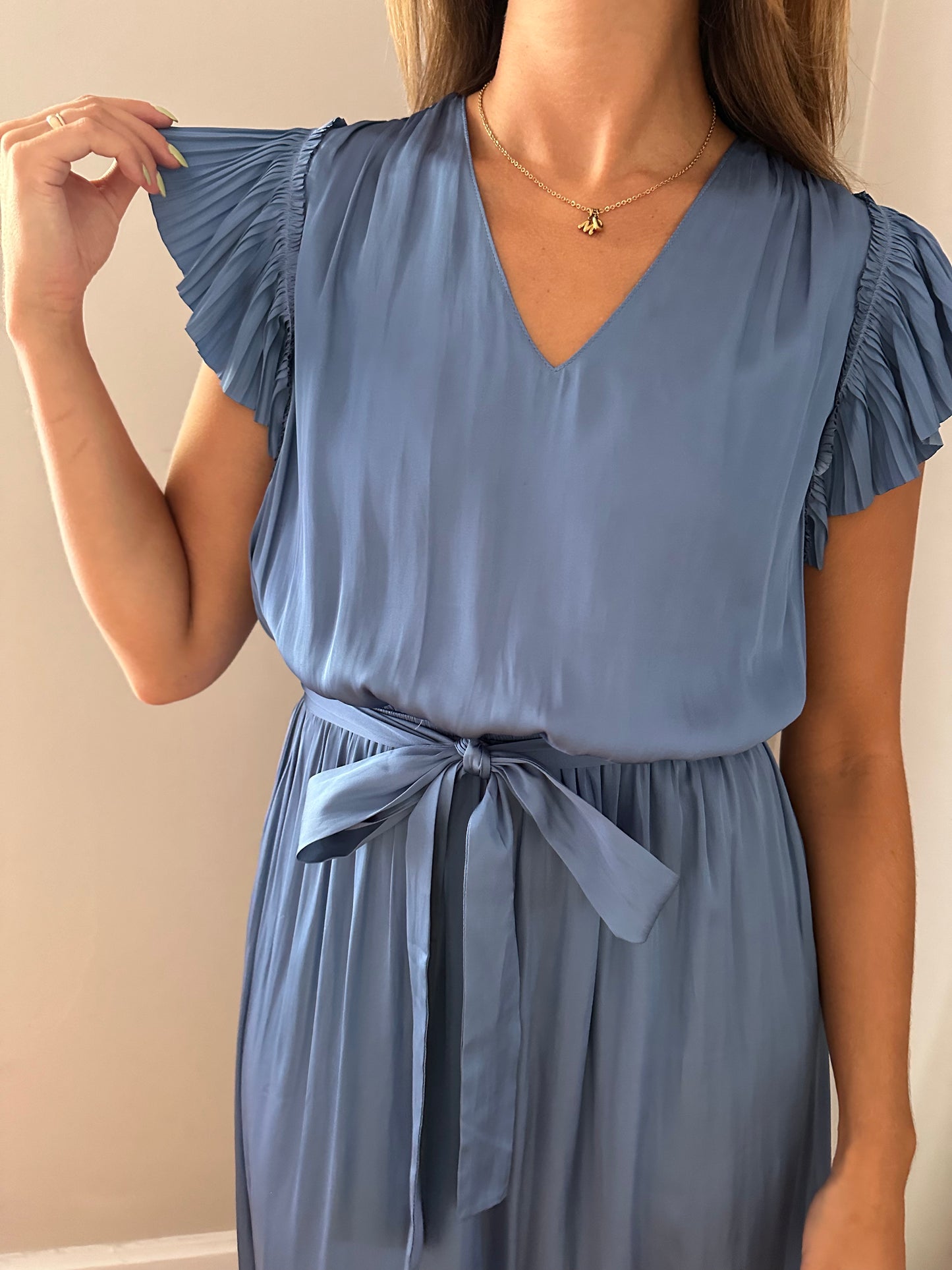 Current Air Darla Dusty Blue Pleated Sleeve Midi Dress