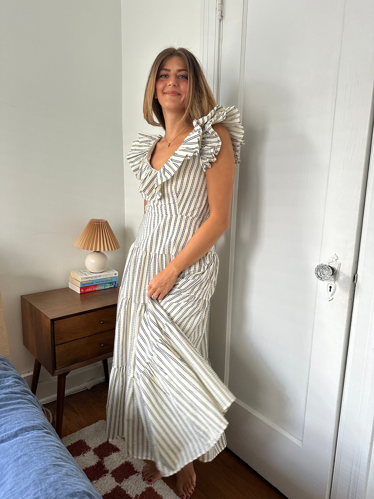 Sofie the Label Bella Navy Stripe Tiered Ruffle Midi Dress