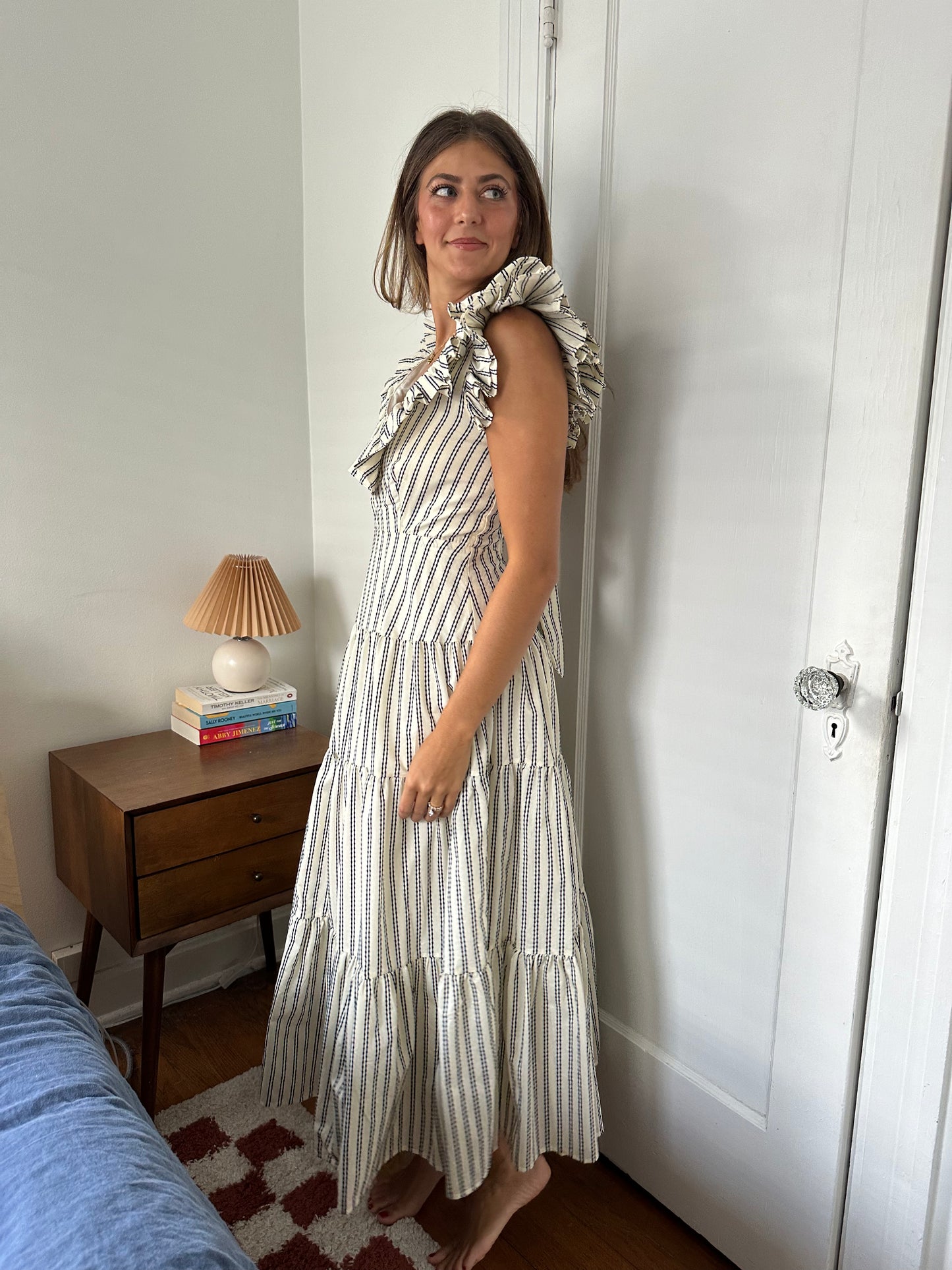 Sofie the Label Bella Navy Stripe Tiered Ruffle Midi Dress