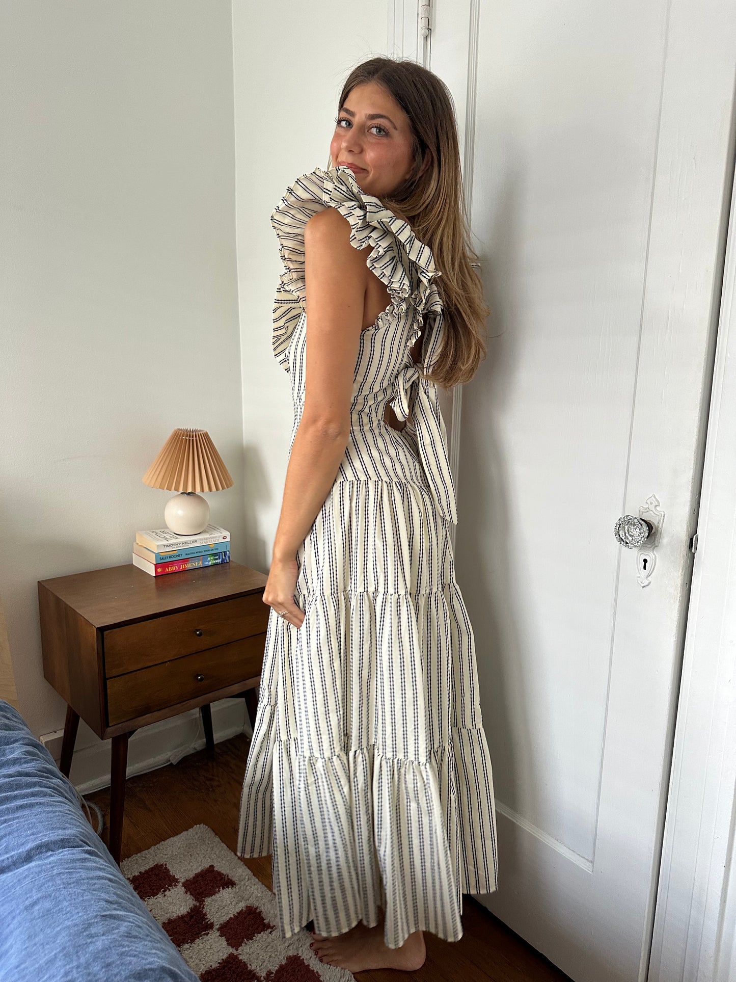 Sofie the Label Bella Navy Stripe Tiered Ruffle Midi Dress