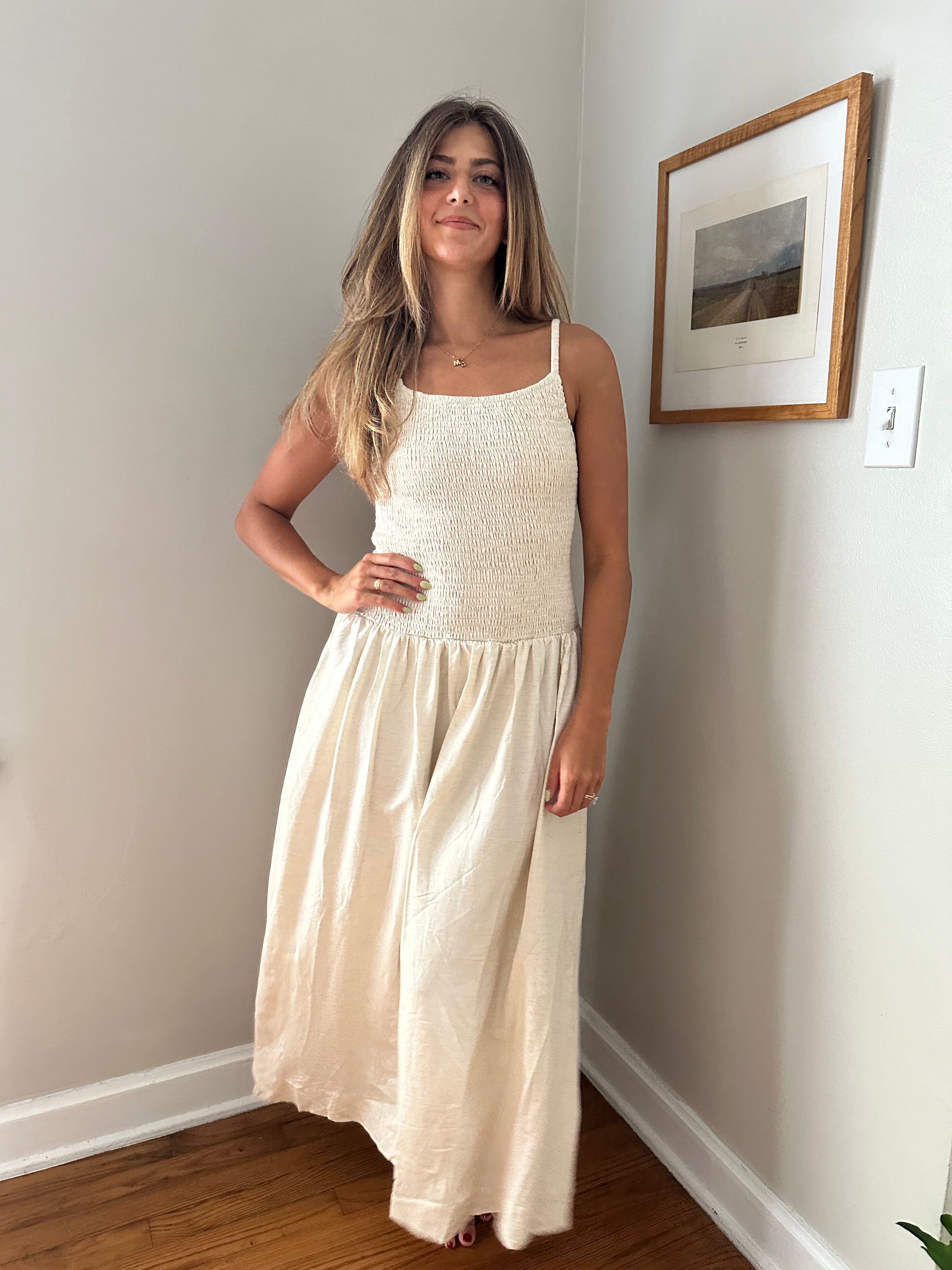Marcella Natural Linen Smocked Midi Dress Momni Boutique Marcella Natural Linen Smocked Midi Dress Momni Boutique