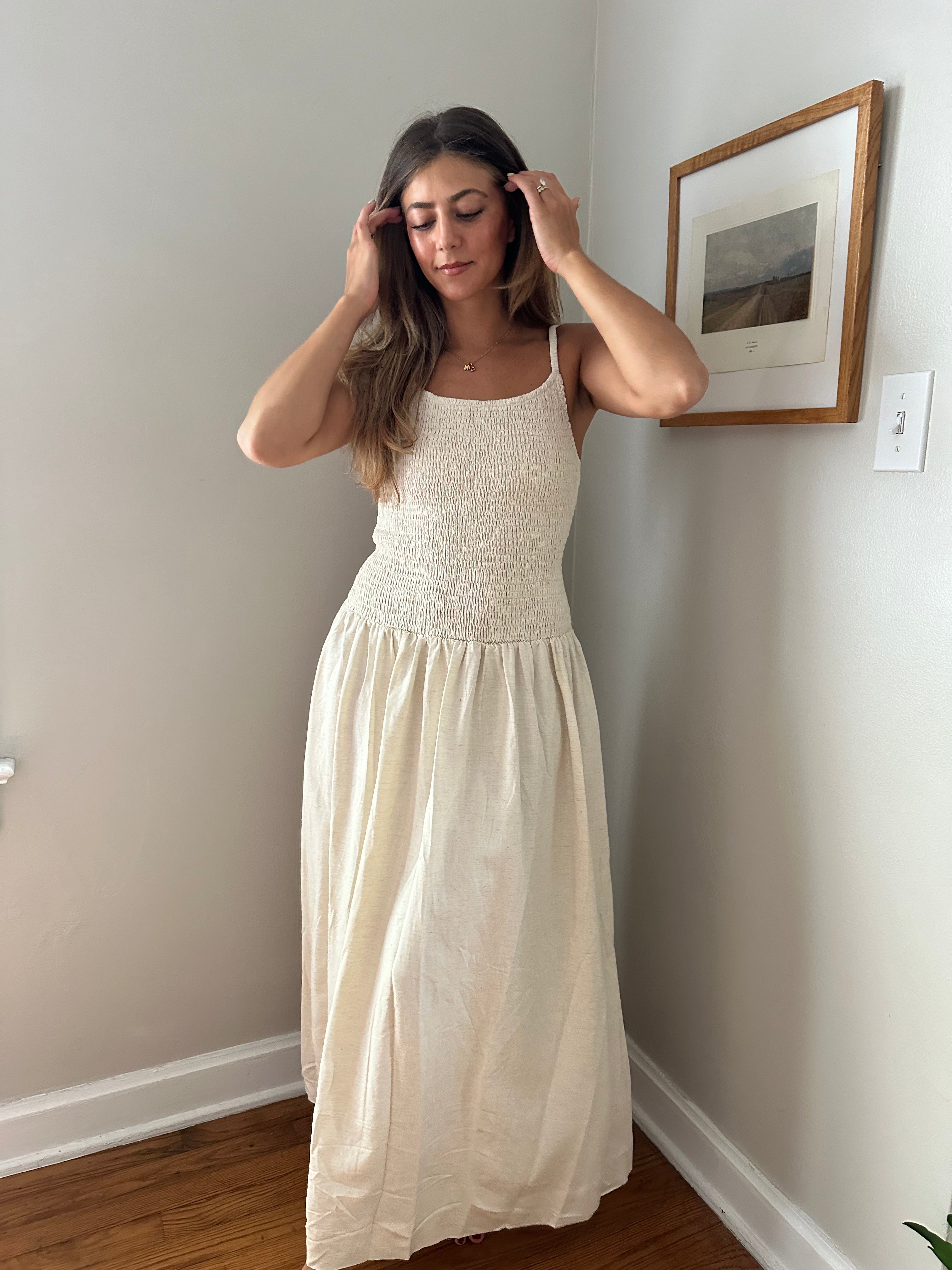 Marcella Natural Linen Smocked Midi Dress Momni Boutique Marcella Natural Linen Smocked Midi Dress Momni Boutique