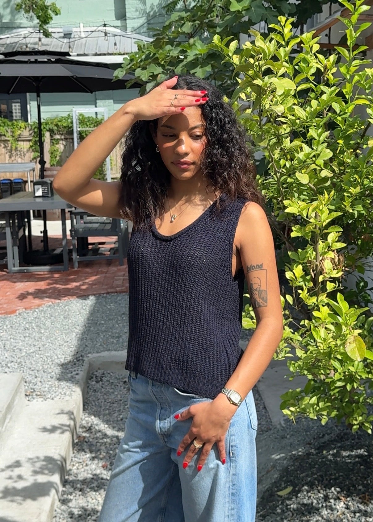 Elle Grey Iris Navy Woven Knit Sleeveless Top