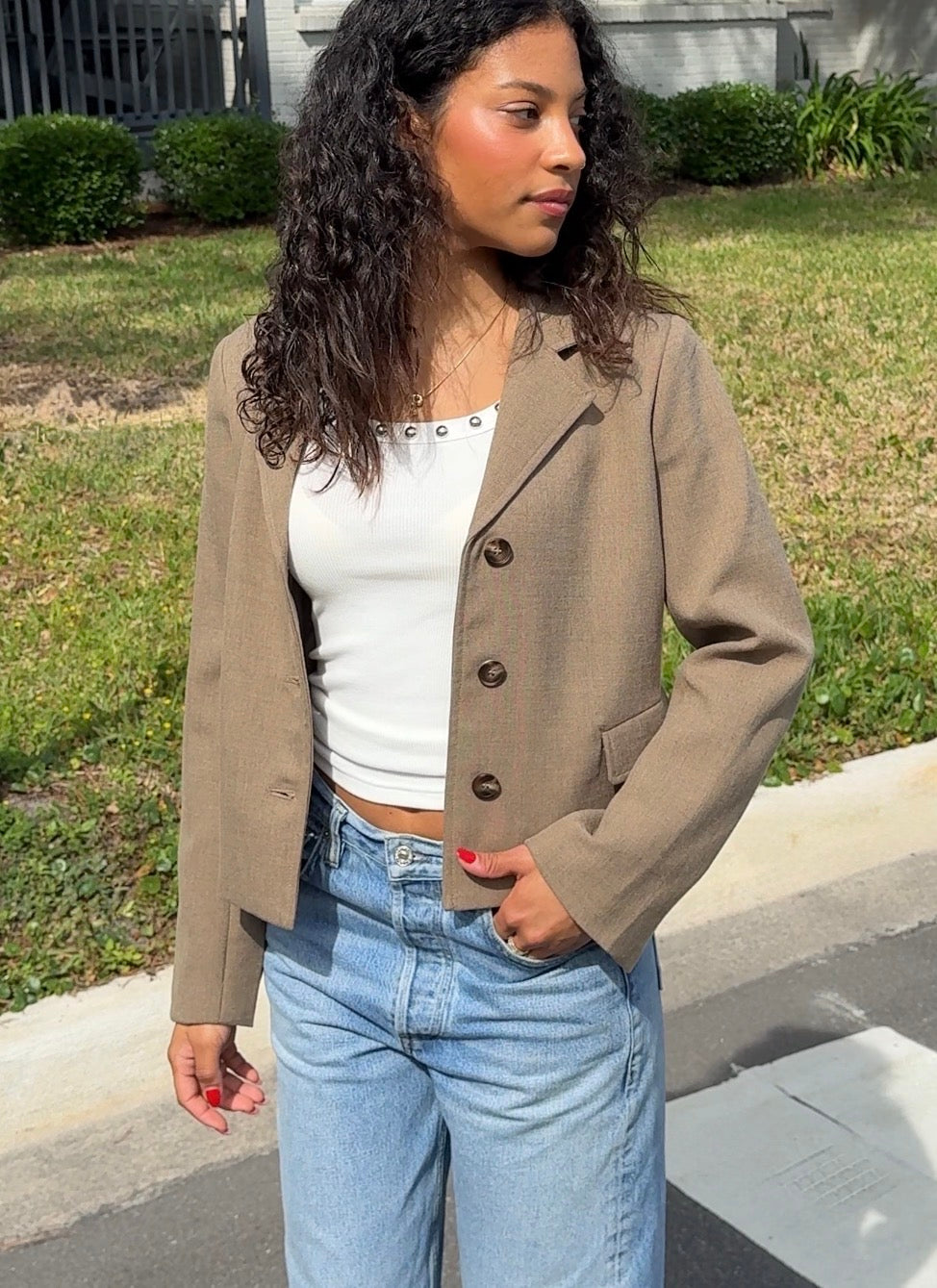 Rowan Taupe Boxy Crop Buttoned Blazer