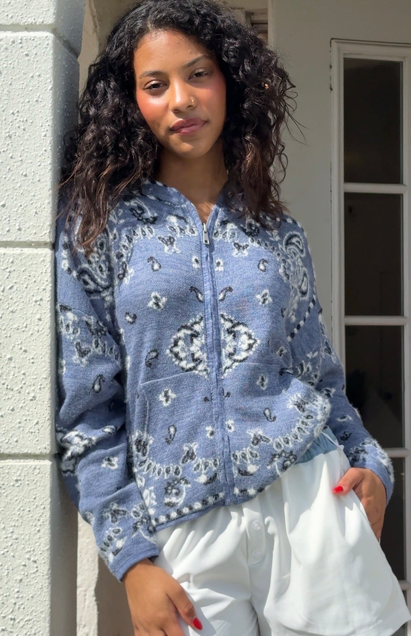 Ryder Blue Paisley Print Fuzzy Knit Zipper Hoodie Cardigan