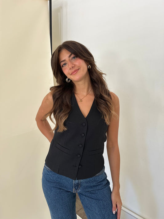 Molly Bracken Drew Black Woven Buttoned Vest Top