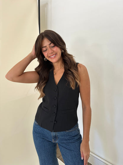 Molly Bracken Drew Black Woven Buttoned Vest Top