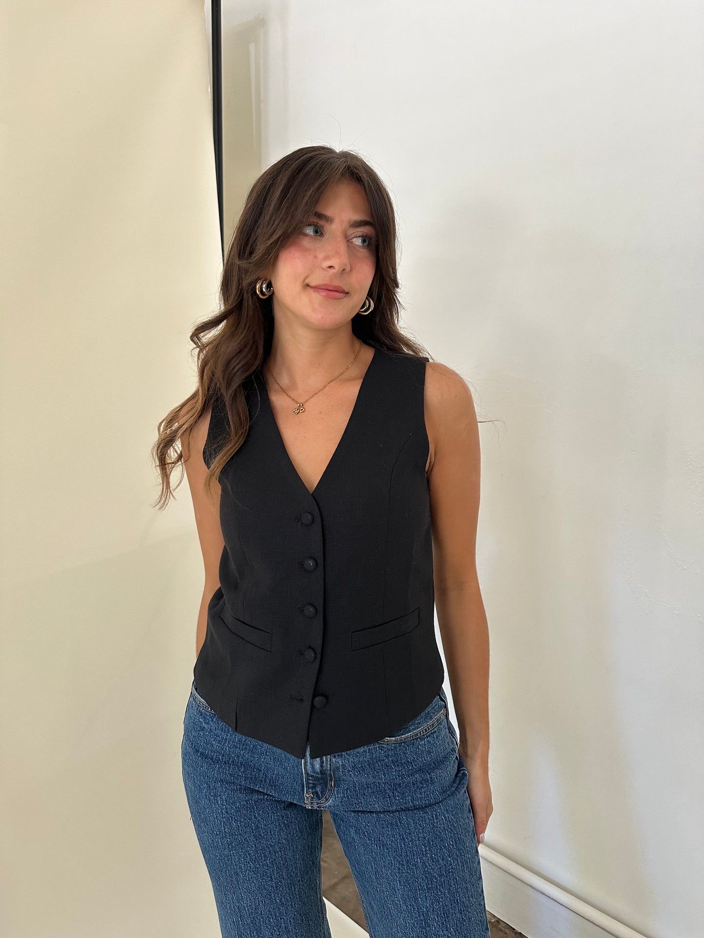 Molly Bracken Drew Black Woven Buttoned Vest Top