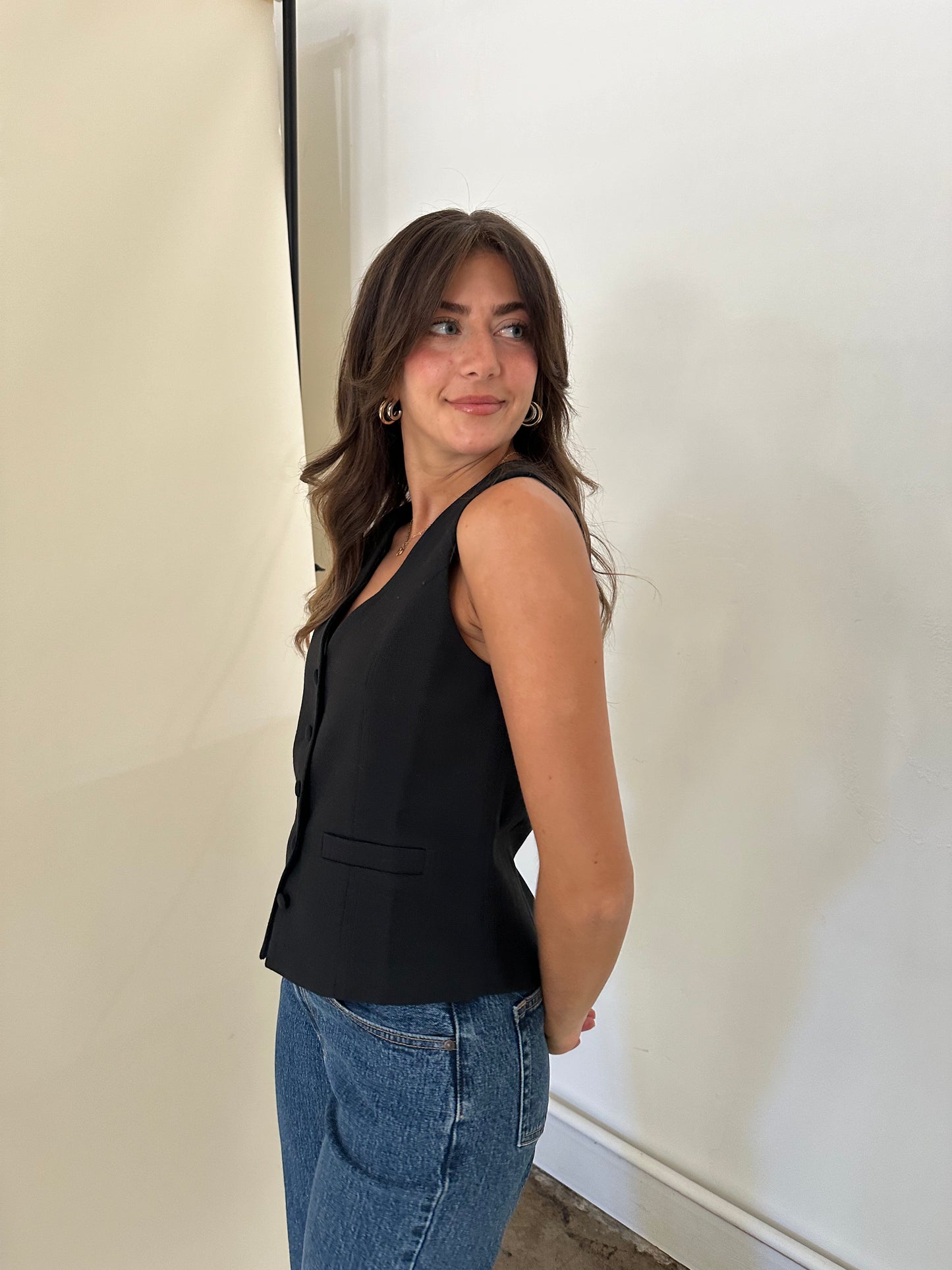 Molly Bracken Drew Black Woven Buttoned Vest Top