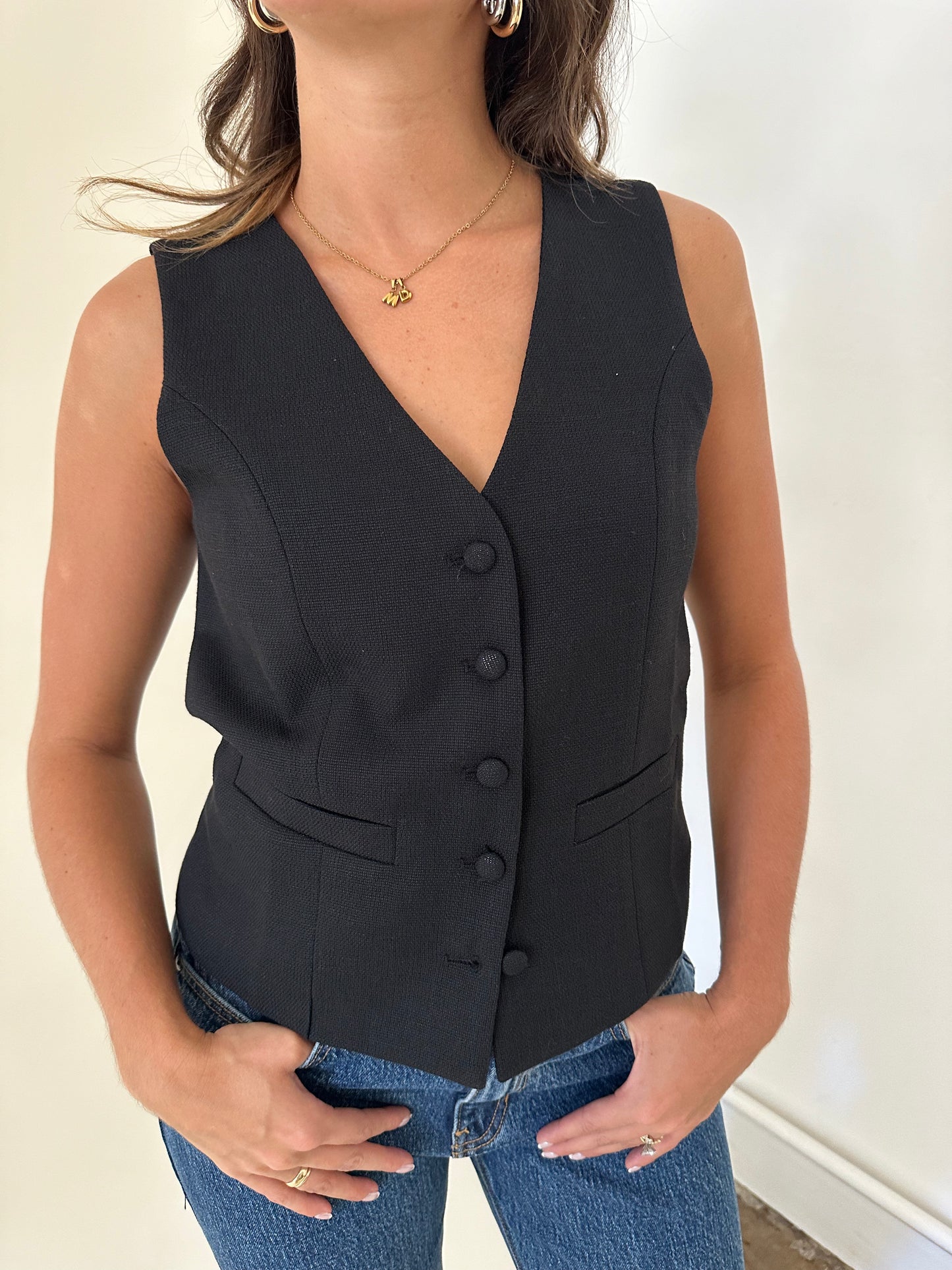 Molly Bracken Drew Black Woven Buttoned Vest Top