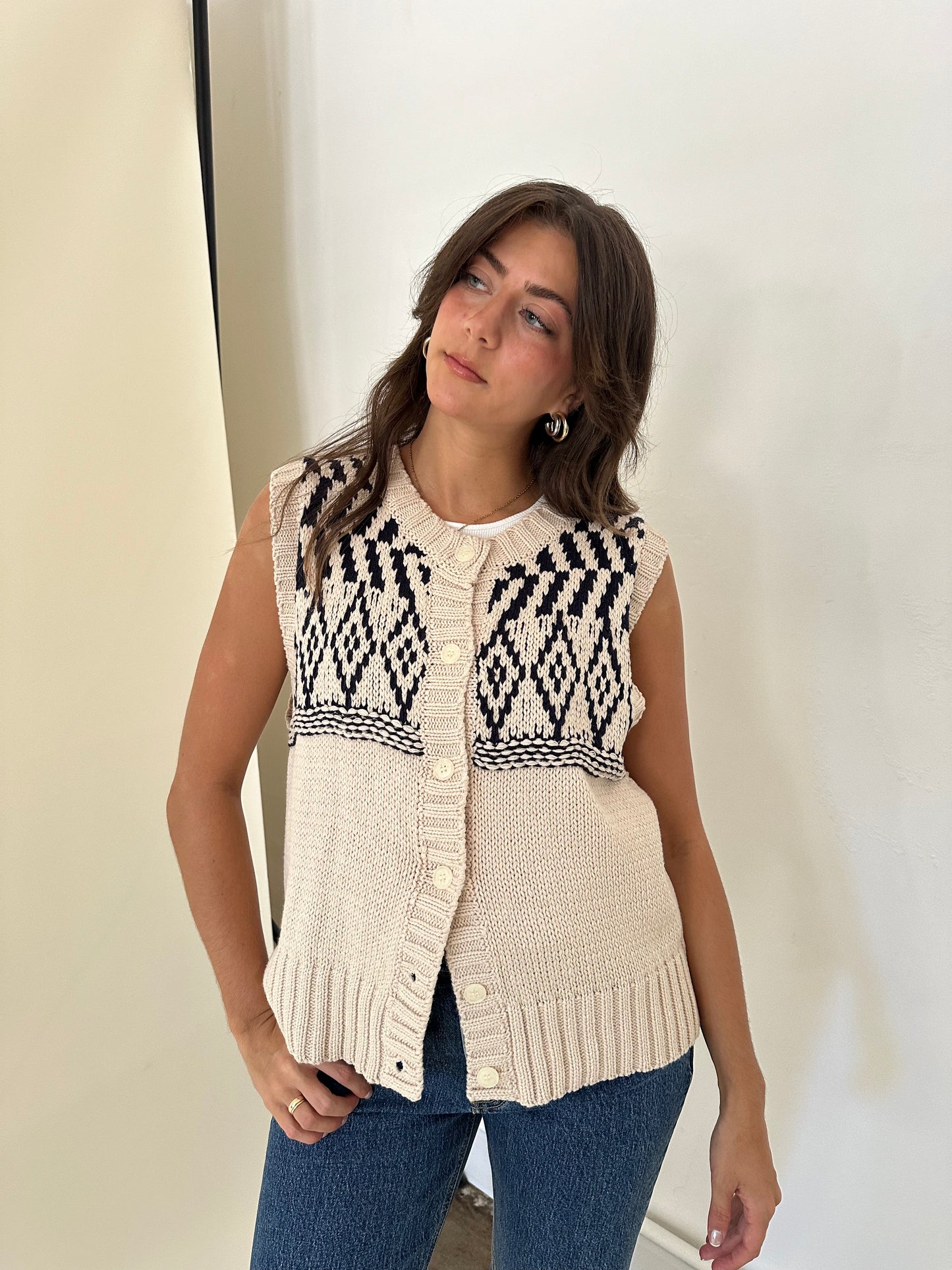 Bailey Rose Dylan Beige Patterned Knit Button Vest Top