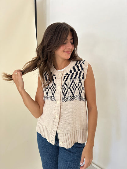 Bailey Rose Dylan Beige Patterned Knit Button Vest Top
