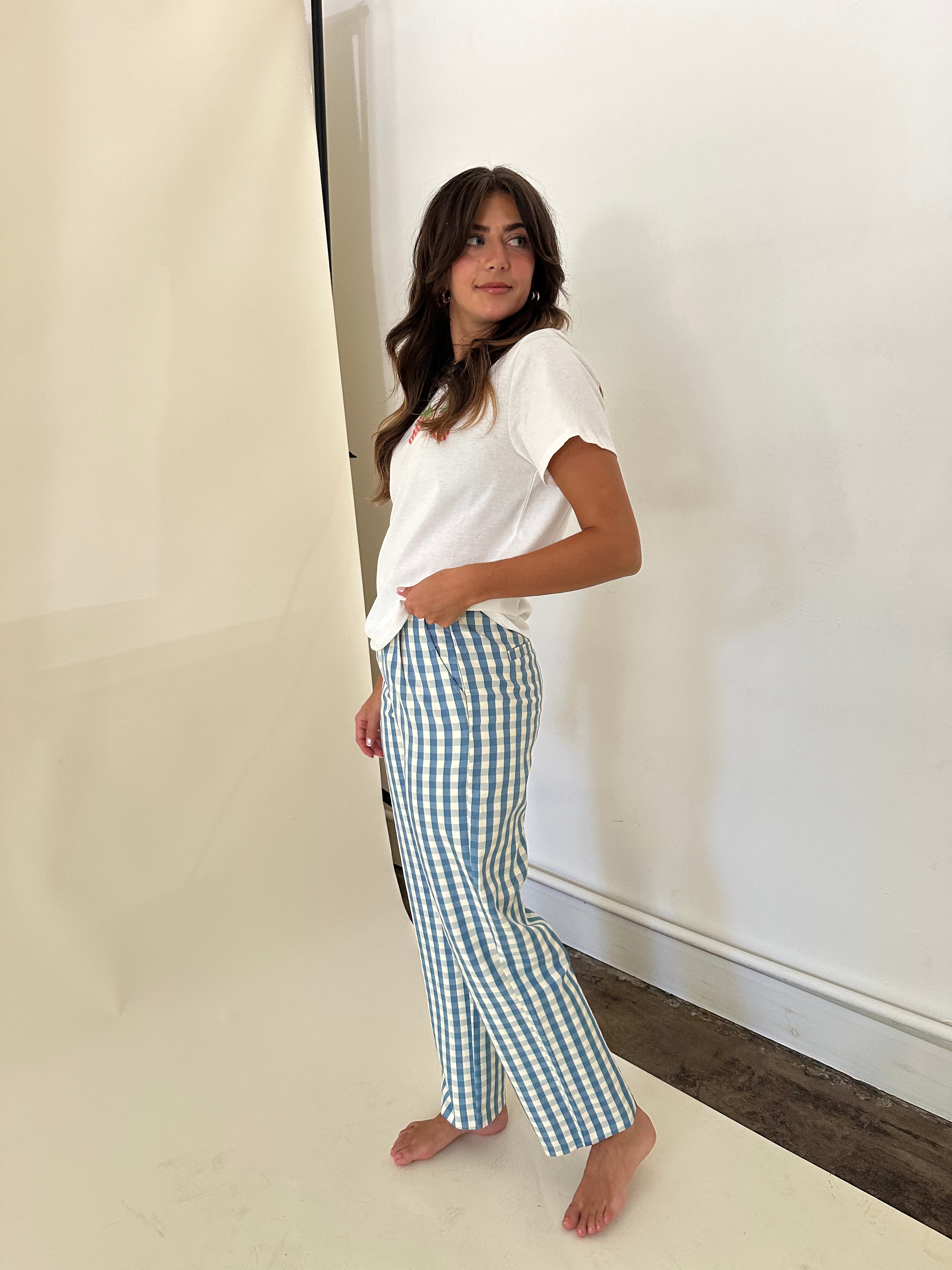 Dana Blue and Cream Gingham Straight Trouser Pants