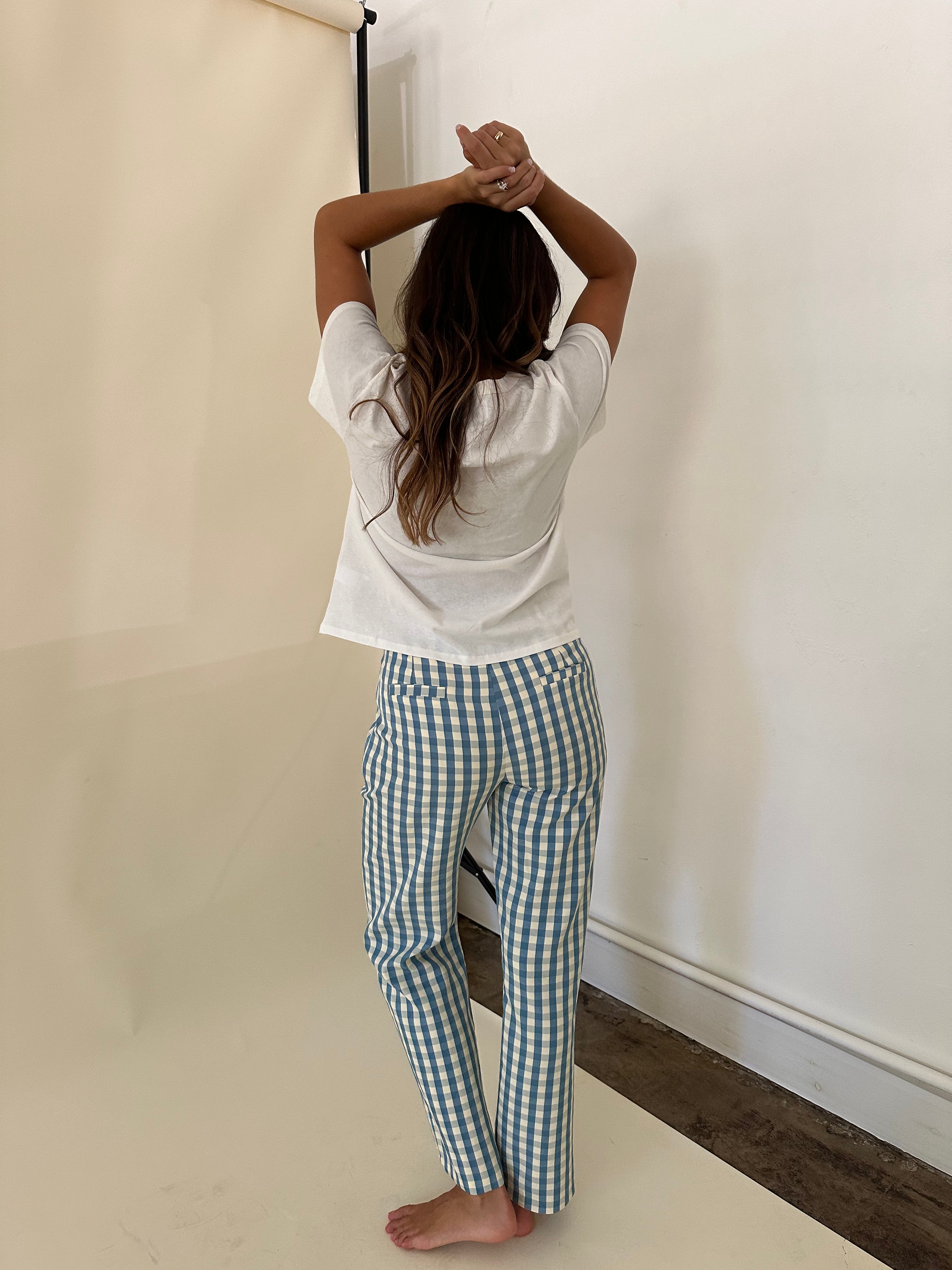 Dana Blue and Cream Gingham Straight Trouser Pants
