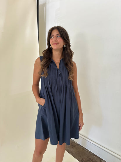 Charlotte Pintuck Poplin Cotton Mini Dress (Navy)