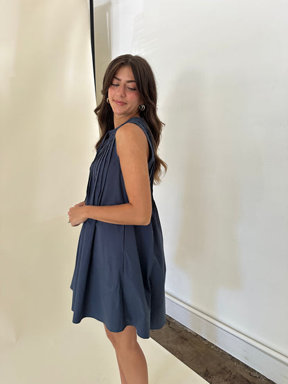 Charlotte Pintuck Poplin Cotton Mini Dress (Navy)