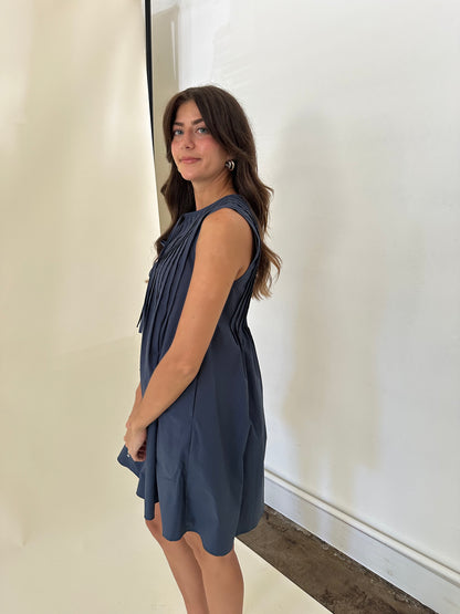 Charlotte Pintuck Poplin Cotton Mini Dress (Navy)